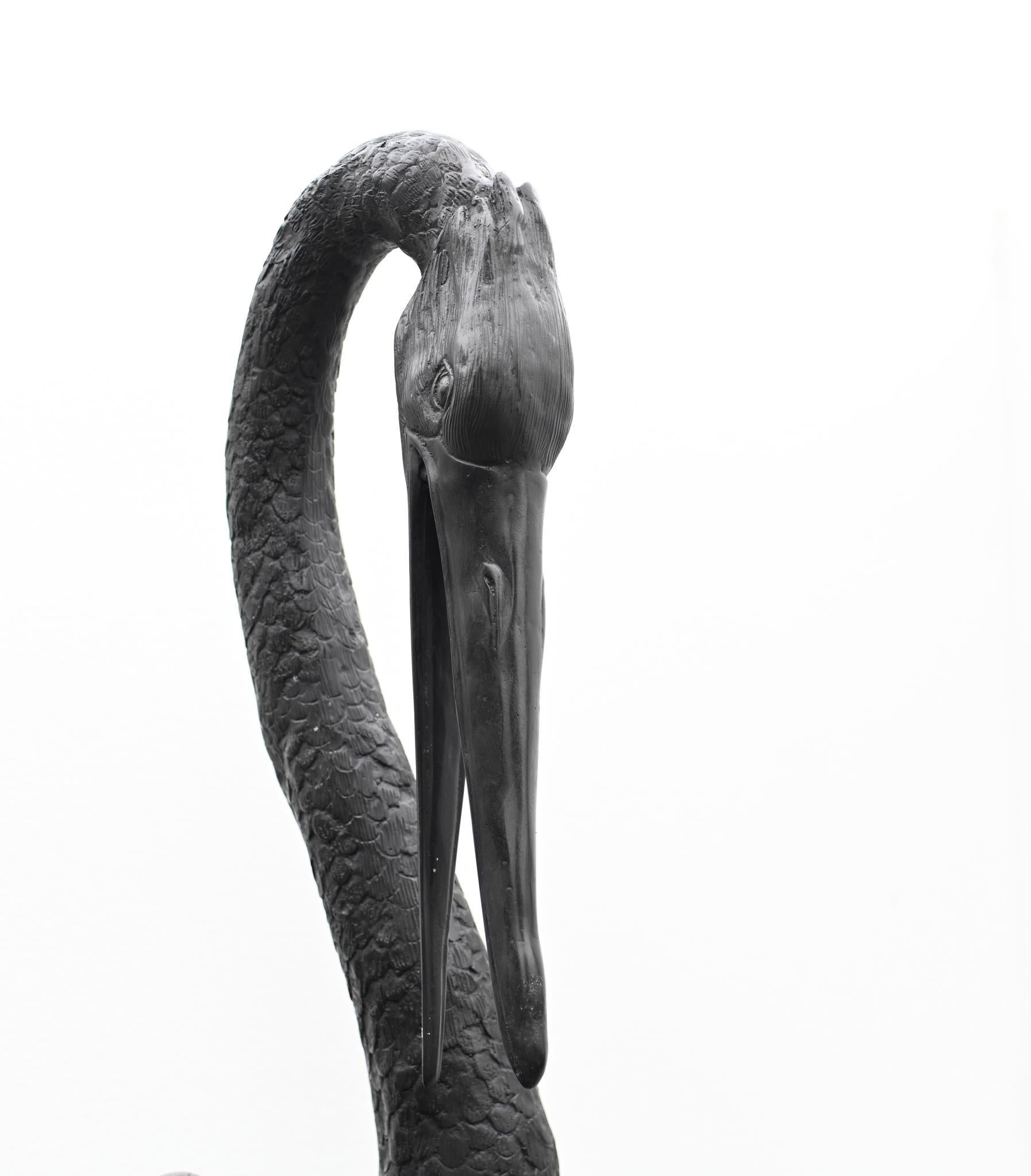 Stunning pair of bronze Japanese cranes
Tallest stands at 53 inches - 137 CM - so impressive size
Of course being bronze these can live outside with no fear of rusting so great for a garden, would look fab in a pond or lake
Patina to the bronze is