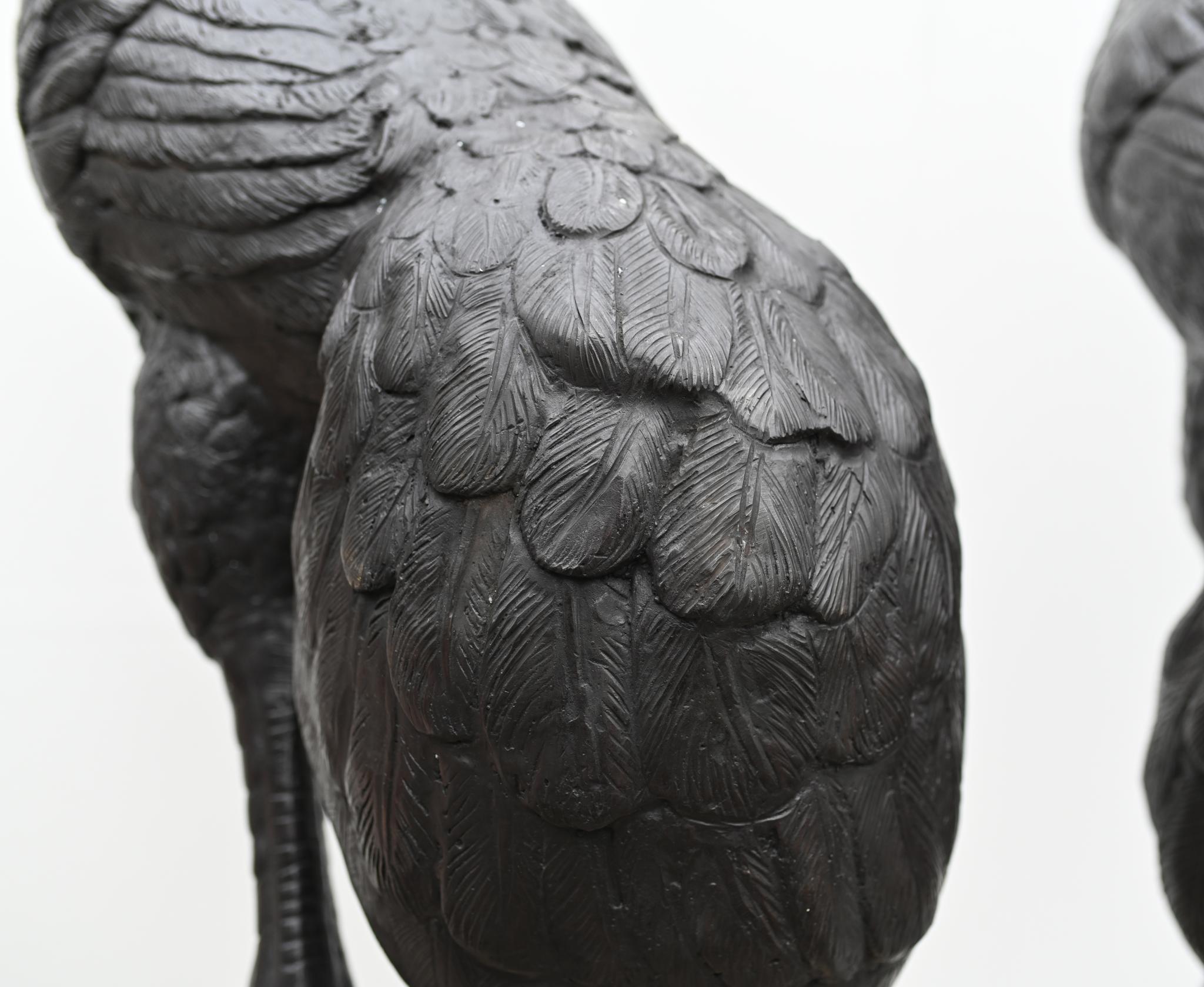 Bronzed Pair Bronze Japanese Cranes - Storks Garden Birds For Sale