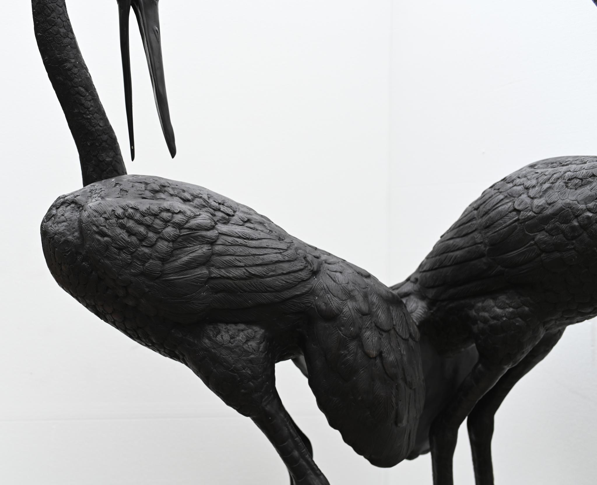 Late 20th Century Pair Bronze Japanese Cranes - Storks Garden Birds For Sale