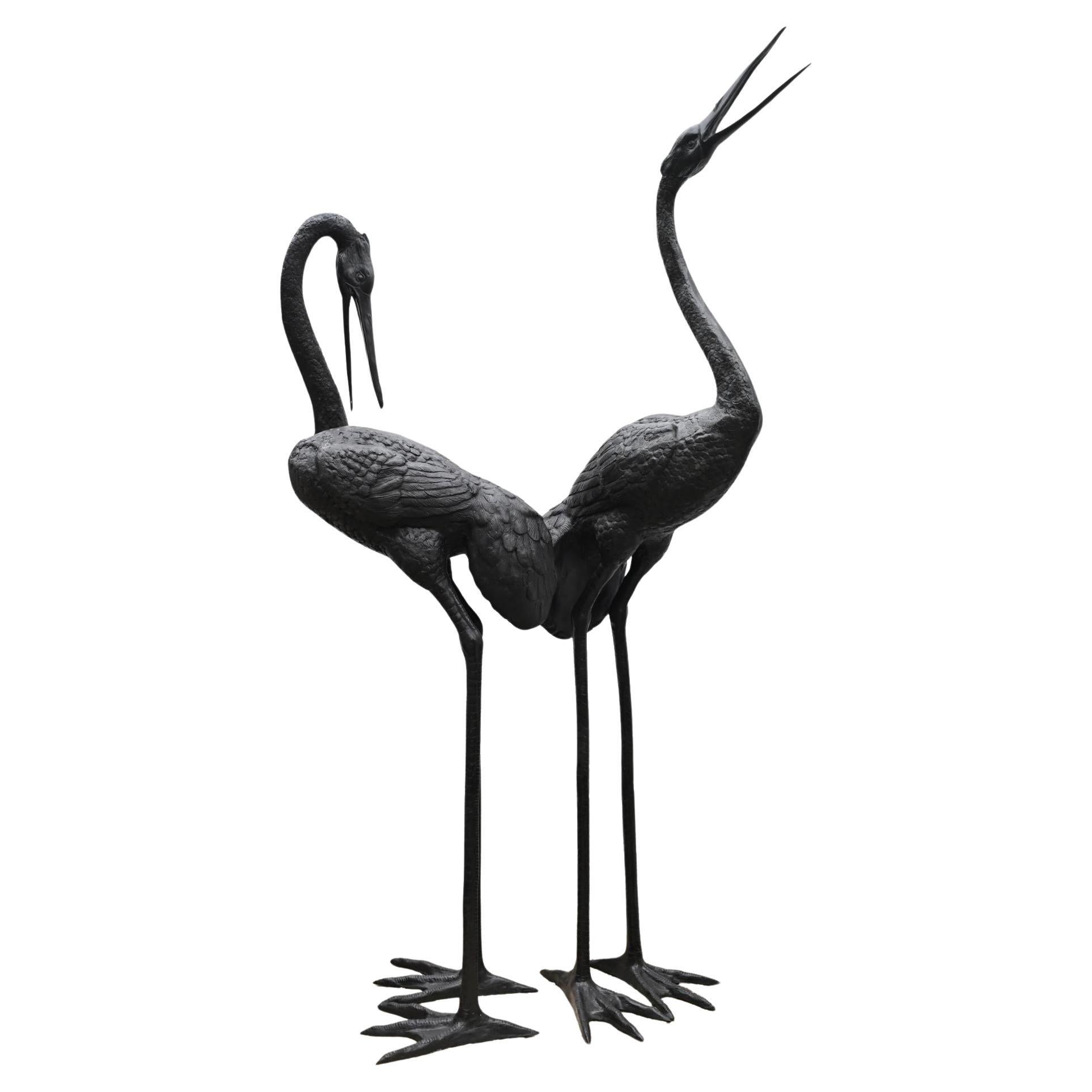 Pair Bronze Japanese Cranes - Storks Garden Birds