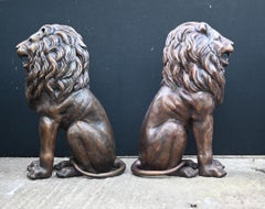 Pair Bronze Lion Gatekeeper Statues Canova Garden Cats