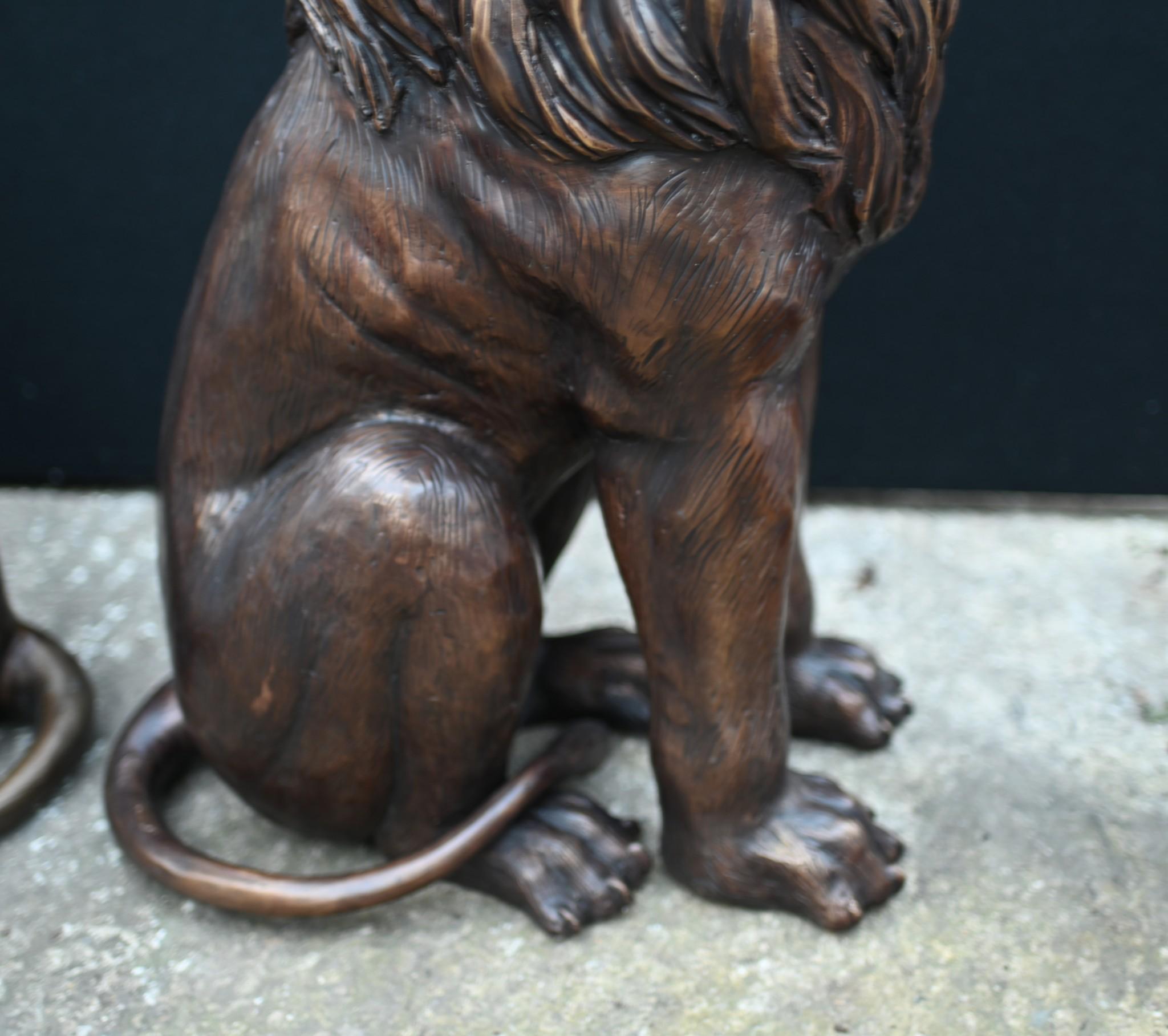 Pair Bronze Lion Gatekeeper Statues Canova Garden Cats In Good Condition In Potters Bar, GB