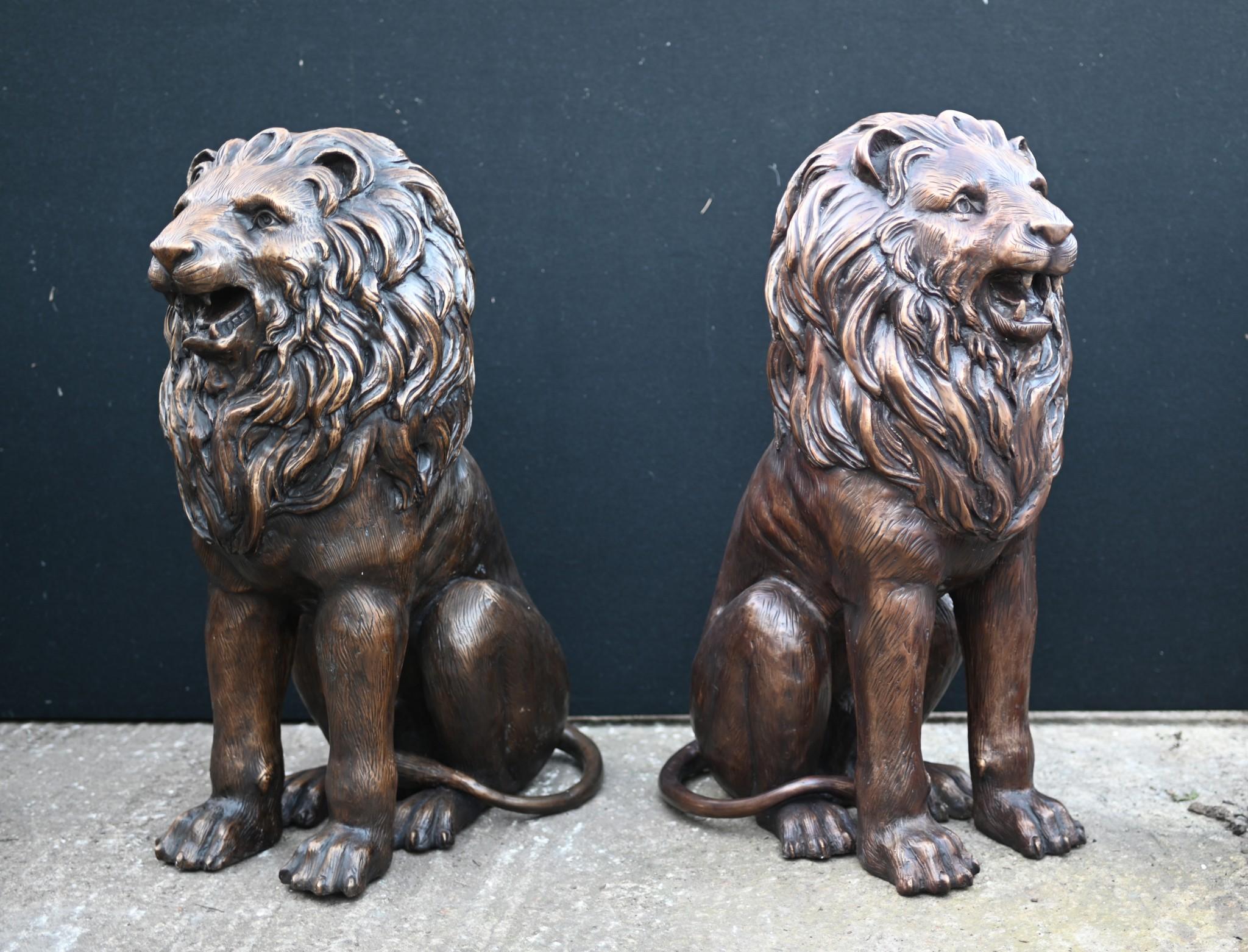 Pair Bronze Lion Gatekeeper Statues Canova Garden Cats 3