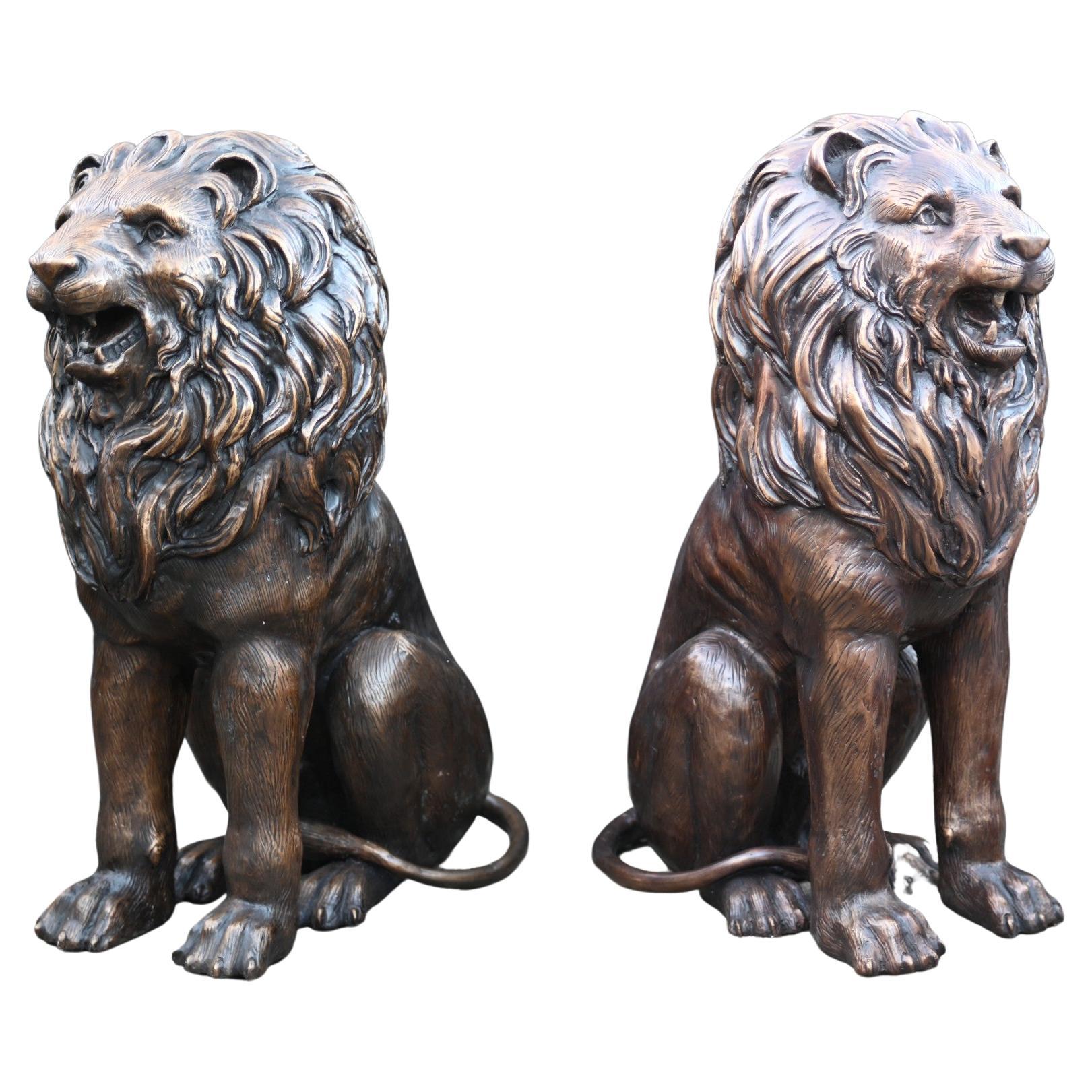Pair Bronze Lion Gatekeeper Statues Canova Garden Cats