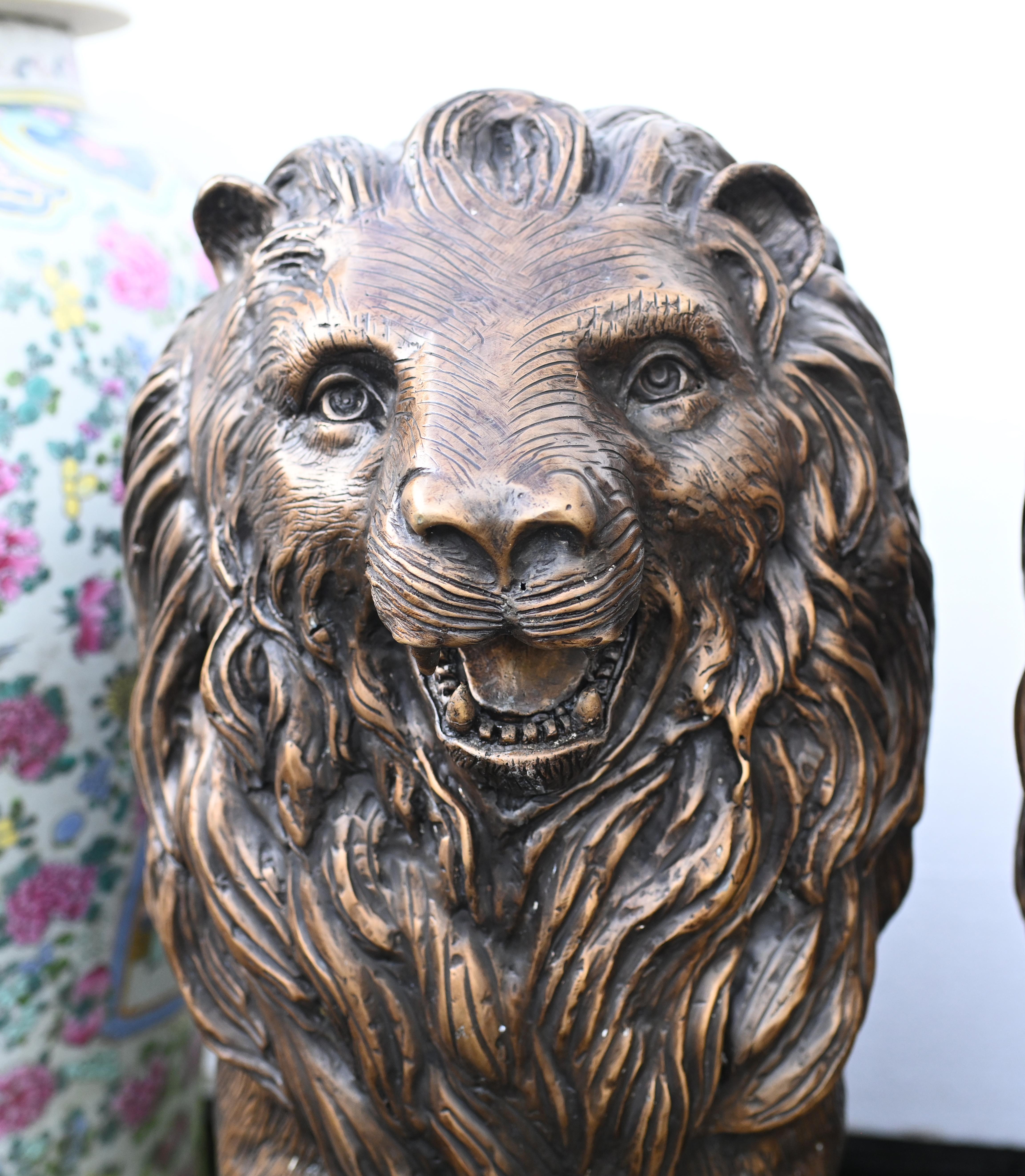 Late 20th Century Pair Bronze Lion Gatekeeper Statues Guard Casting Lions For Sale