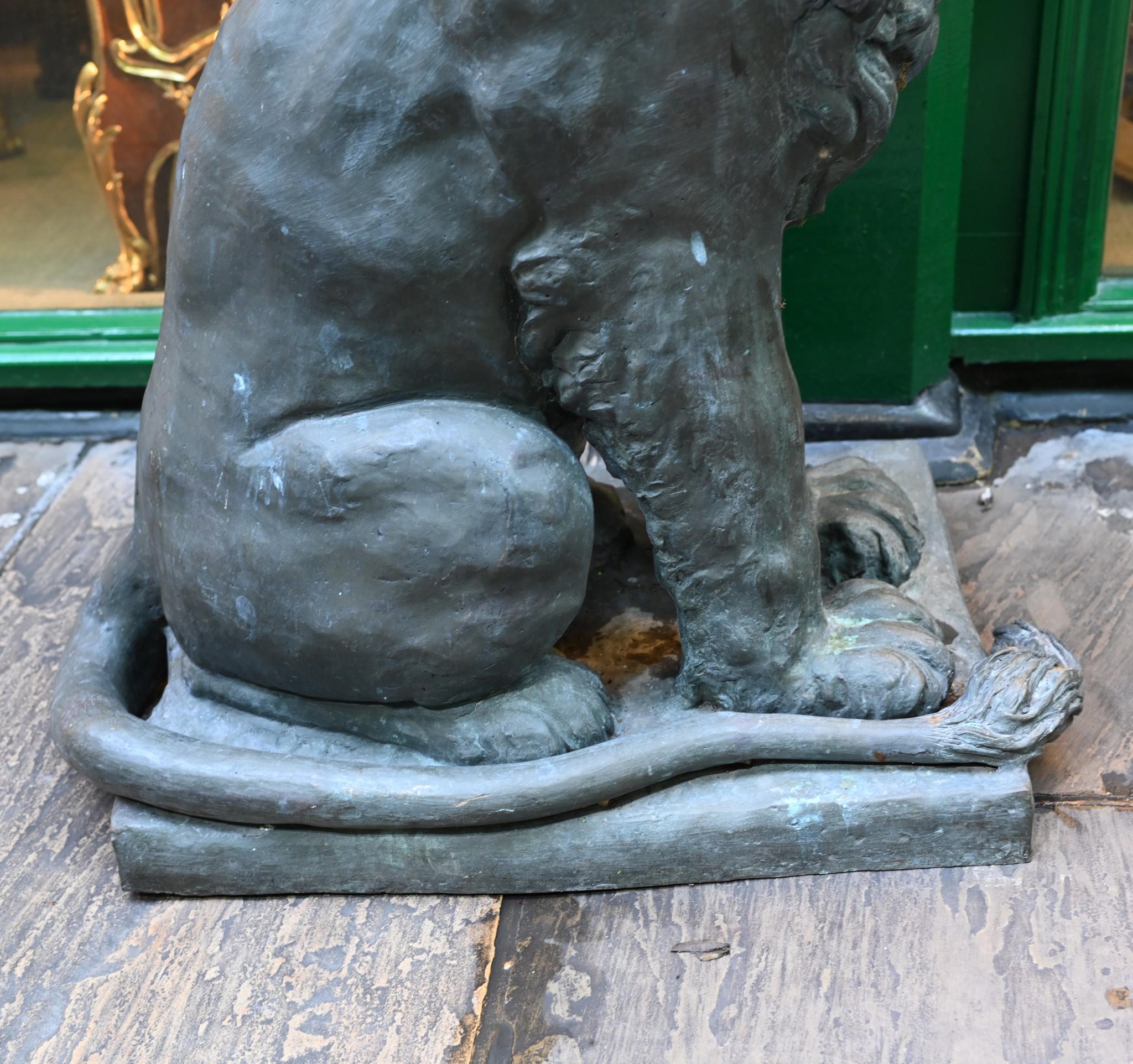 Extravagant pair of bronze lion gatekeeper statues
Of course being bronze these can live outside with no fear of rusting
Would look great either side of a door or entrance to a garden watching dutifully over proceedings
Great patina to the bronze
