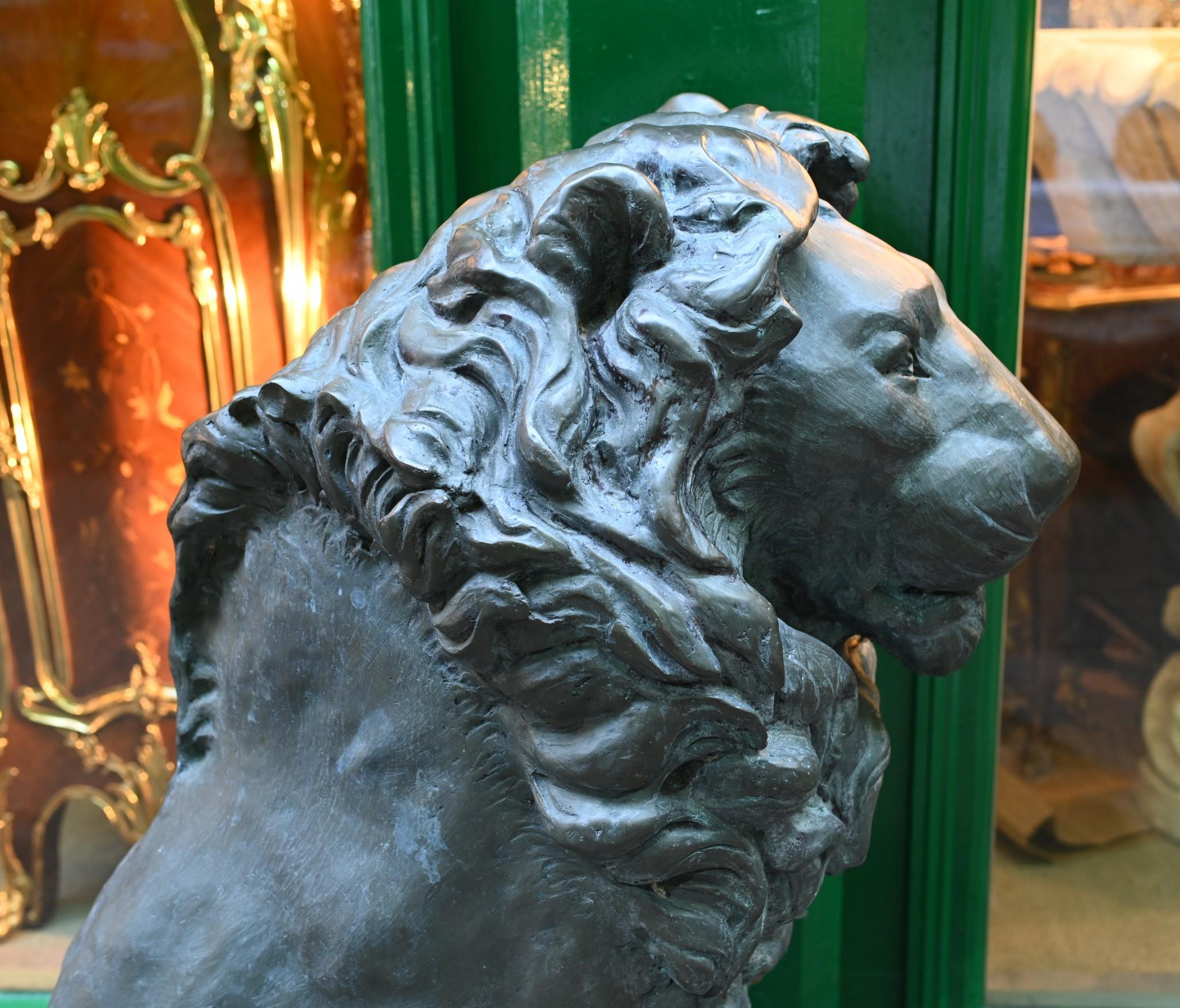 Late 20th Century Pair Bronze Lion Gatekeeper Statues Medici Lions For Sale
