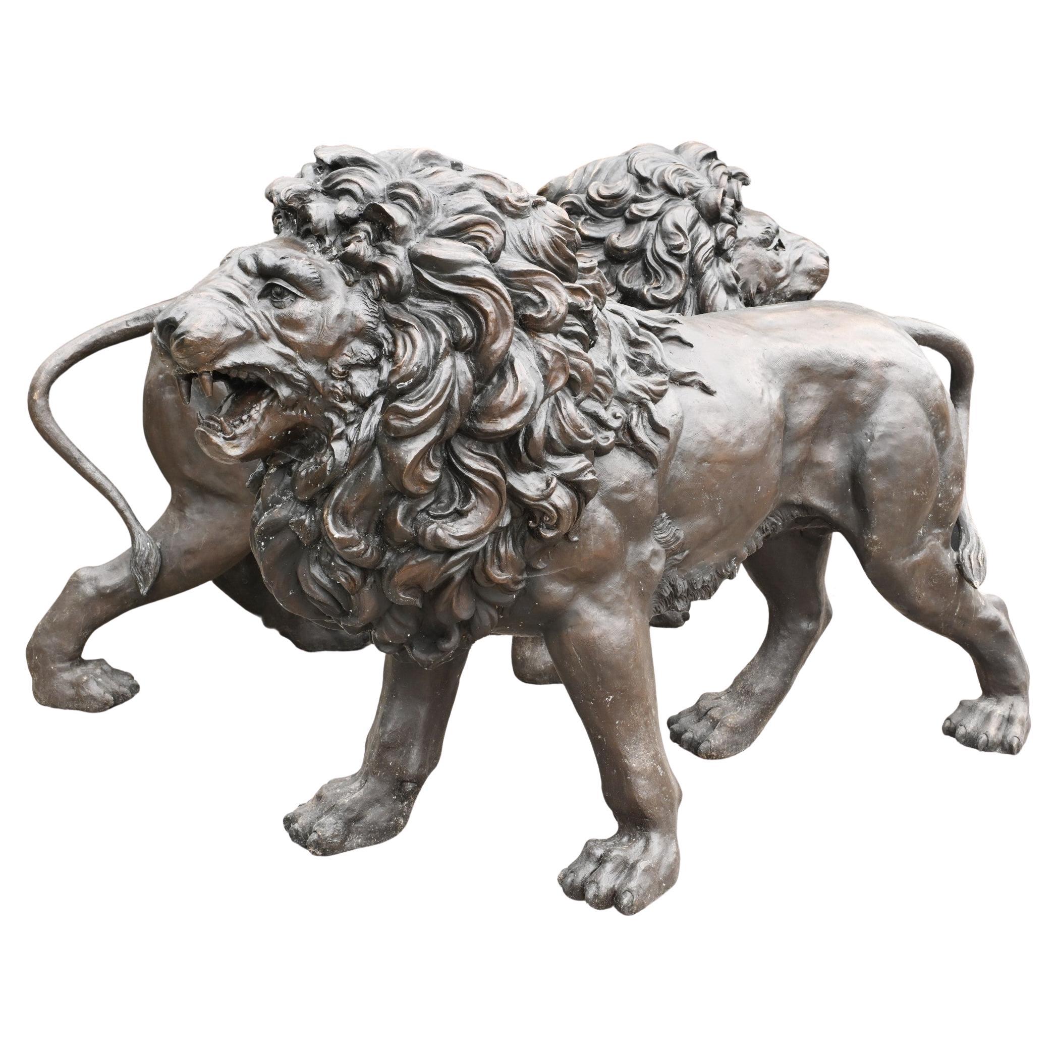 Pair Bronze Lions Monumental Cat Statues Gatekeepers Medici
