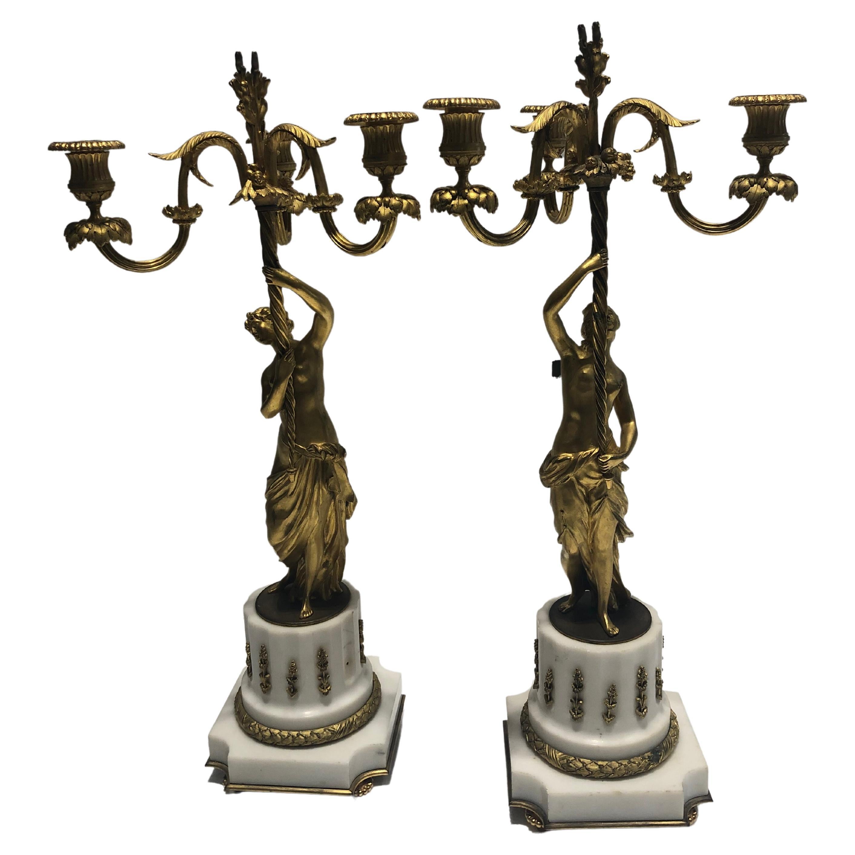 Pair Bronze & Marble Candelabras For Sale