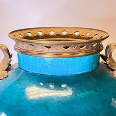 Pair Bronze Mounted Blue Glazed Porcelain Vases with Lion Mask Handles