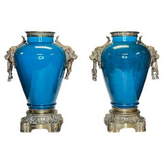 Pair Bronze Mounted Blue Glazed Porcelain Vases with Lion Mask Handles