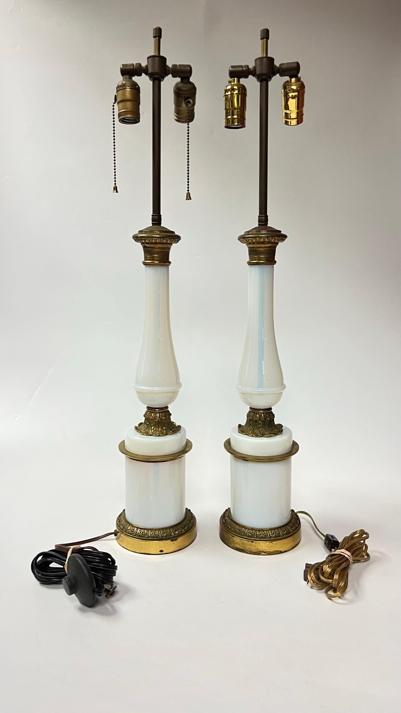 Pair Bronze Mounted Opaline Glass Table Lamps In Good Condition For Sale In New York, NY