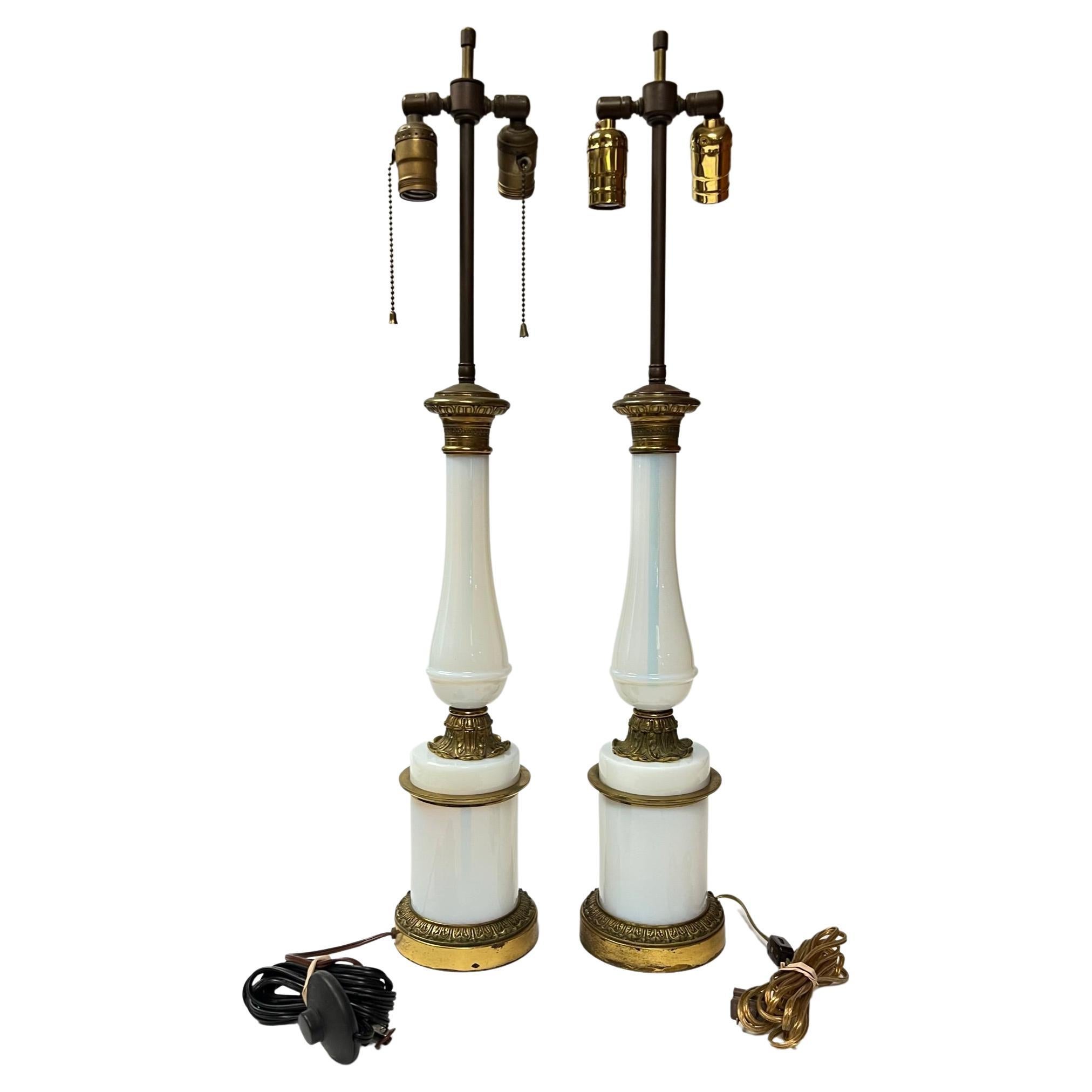Pair Bronze Mounted Opaline Glass Table Lamps