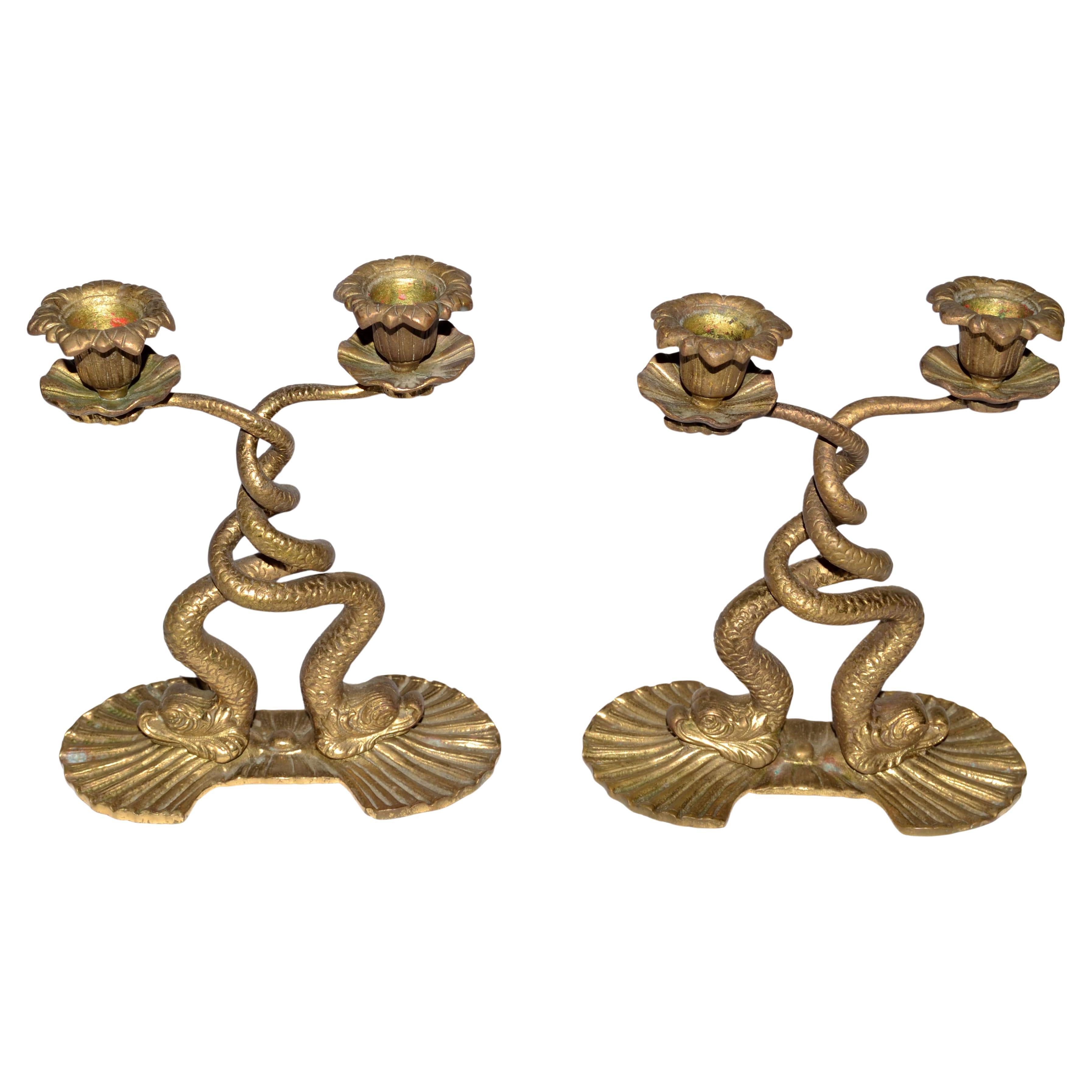 Coppia italiana di candelabri figurativi Grand Tour Neoclassici in bronzo a 2 candele con serpente marino, portacandele.
Questi candelieri scultorei curvi di ispirazione asiatica presentano una creatura simile a un pesce montata su una base a forma