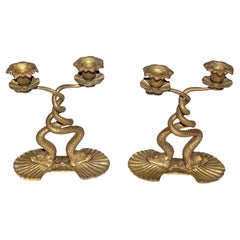 Pair, Bronze Neoclassical 2 Candlelight Sea Serpent Candleholders Candlesticks