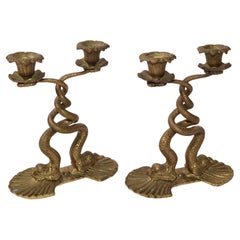 Pair, Bronze Neoclassical 2 Candlelight Sea Serpent Candleholders Candlesticks