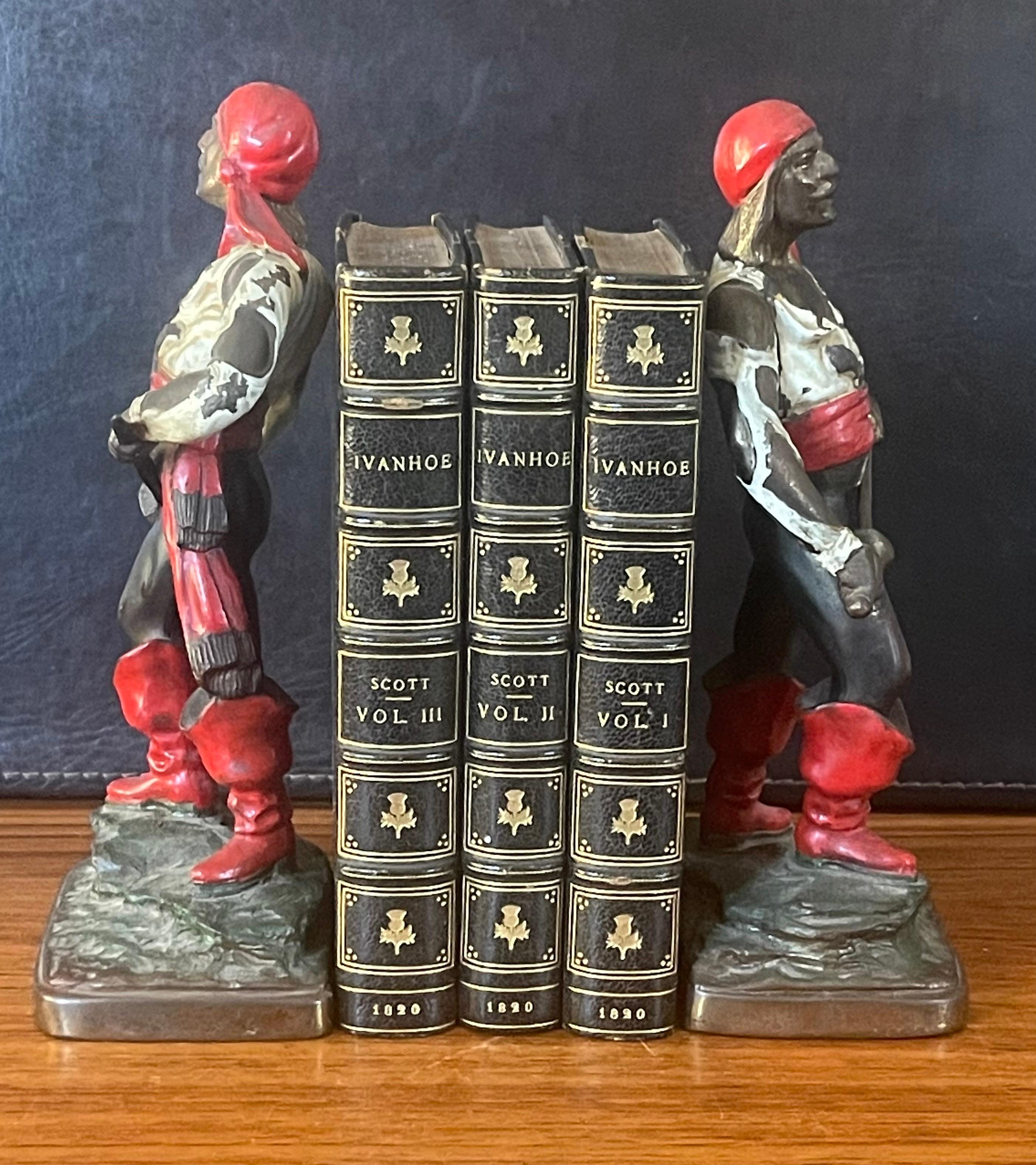American Pair Bronze Patinated Polychrome Pirate Bookends by Pompeian Bronze For Sale
