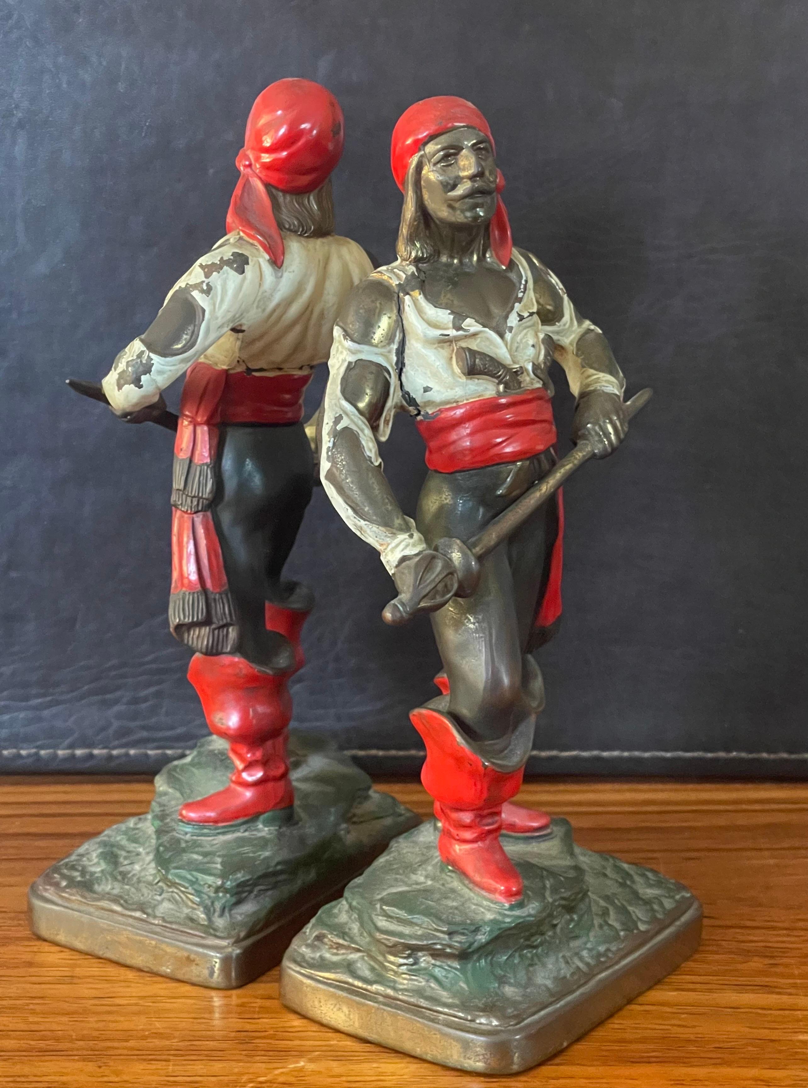 Cast Pair Bronze Patinated Polychrome Pirate Bookends by Pompeian Bronze For Sale