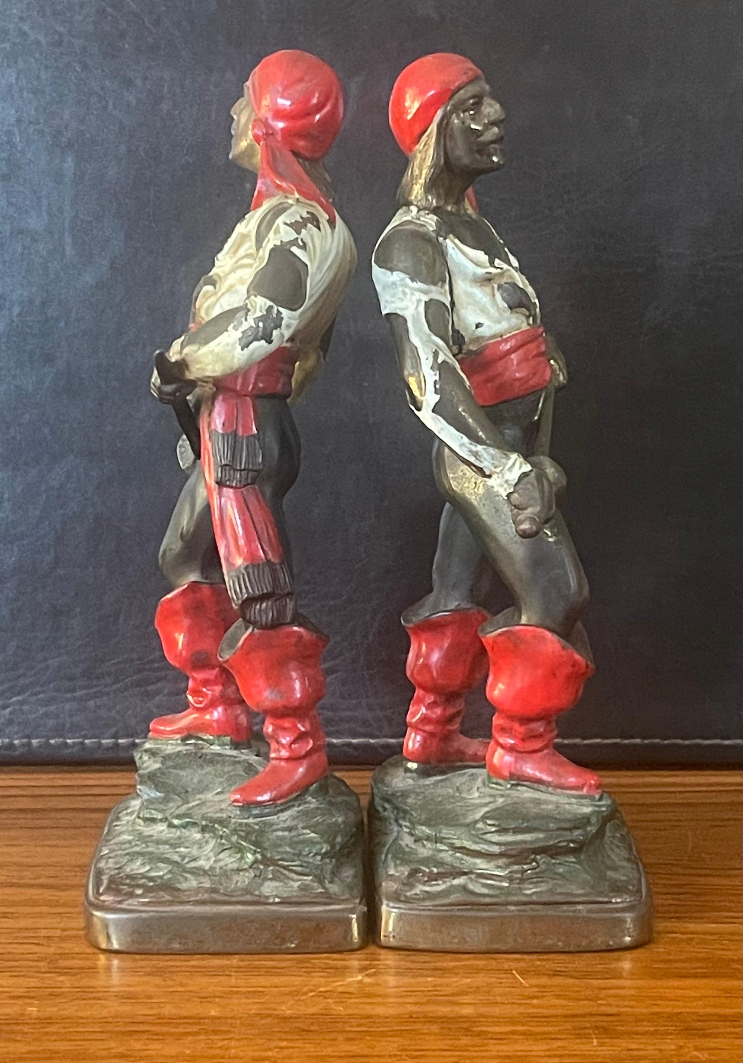 Pair Bronze Patinated Polychrome Pirate Bookends by Pompeian Bronze In Fair Condition For Sale In San Diego, CA
