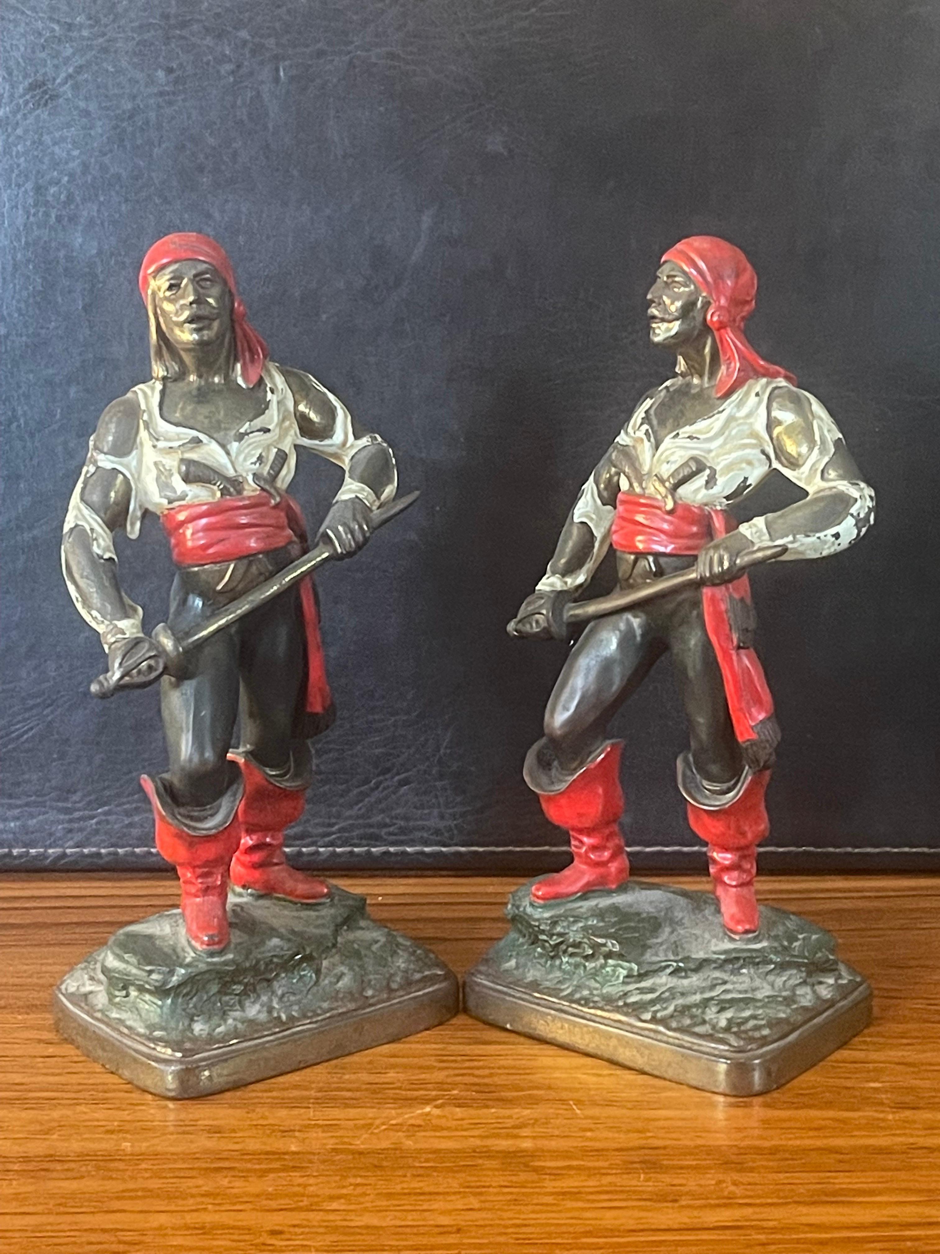 Pair Bronze Patinated Polychrome Pirate Bookends by Pompeian Bronze For Sale 2