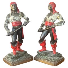 Antique Pair Bronze Patinated Polychrome Pirate Bookends by Pompeian Bronze