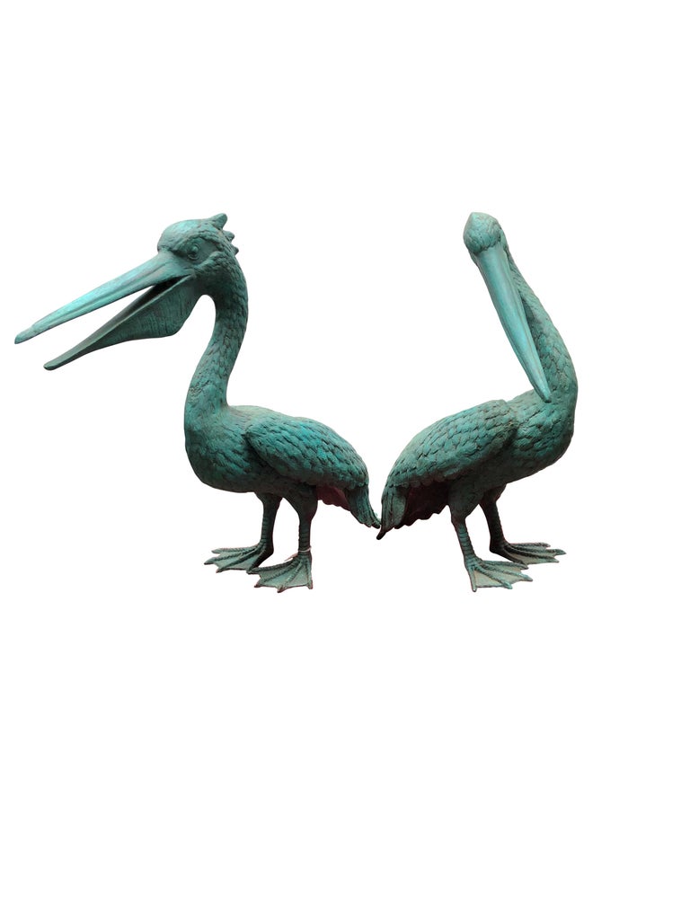 Pair of Bronze Pelican Birds Garden Statues Bird, 20th Century at