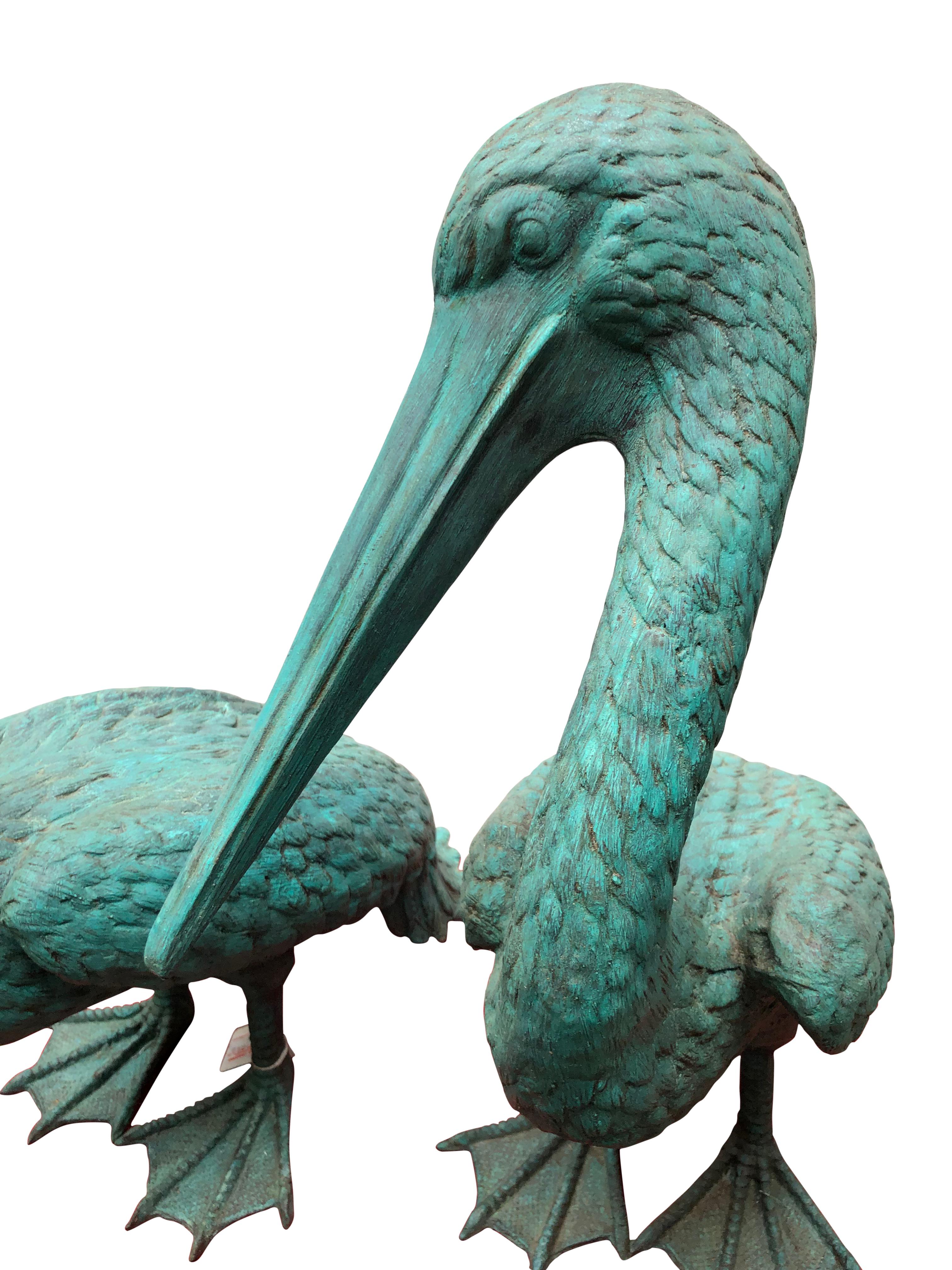 French Pair of Bronze Pelican Birds Garden Statues Bird, 20th Century