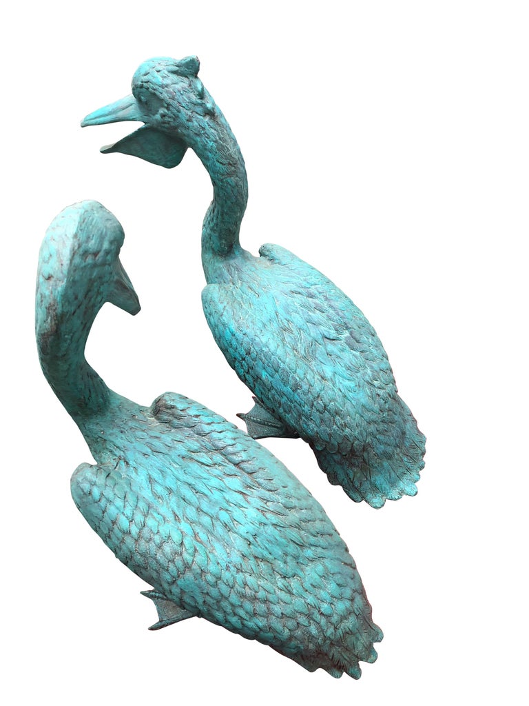 Pair of Bronze Pelican Birds Garden Statues Bird, 20th Century at