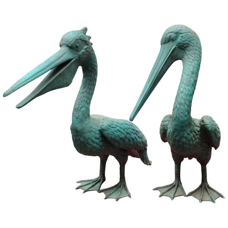 Pair of Bronze Pelican Birds Garden Statues Bird, 20th Century at