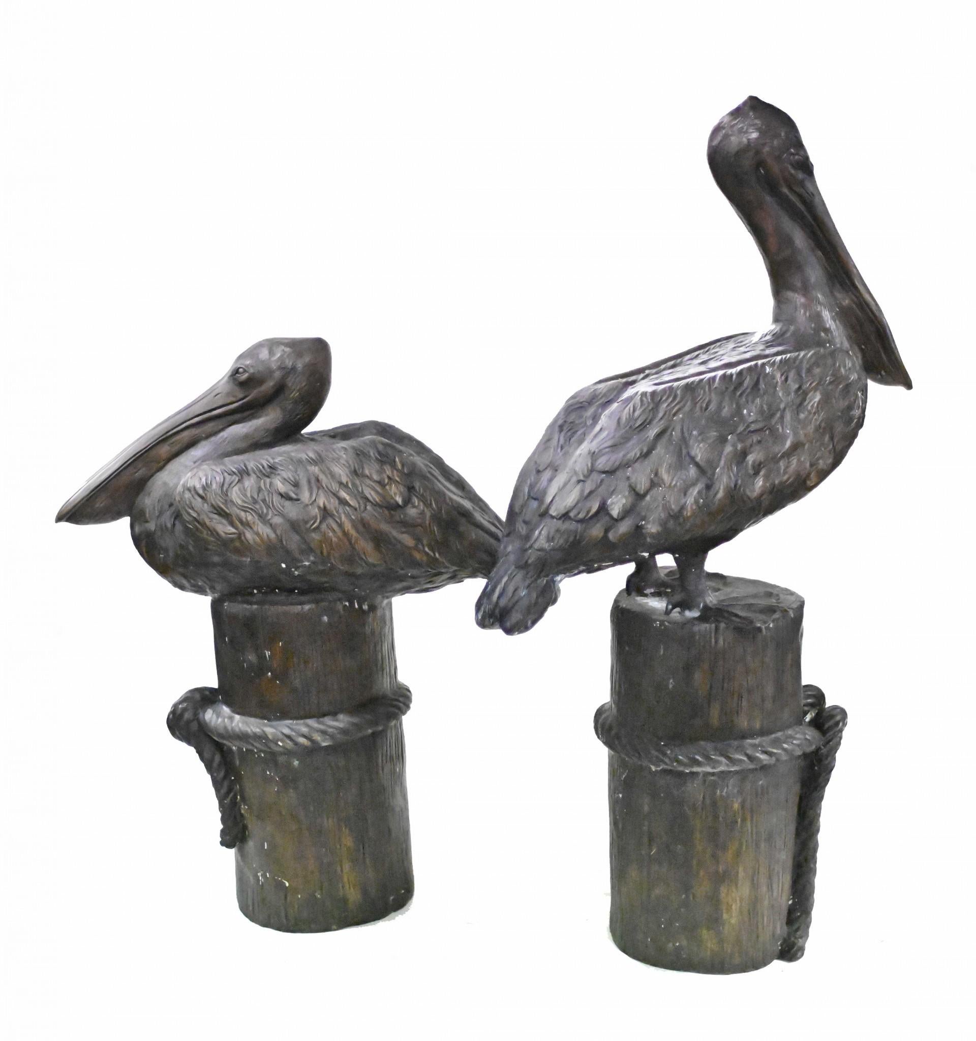 Wonderful pair of giant bronze pelicans standing on boat mooring stumps
Classic Pacific sea bird, very Californian
Of course being bronze these can live outside with no fear of rusting
Offered in great condition, ready for home use right