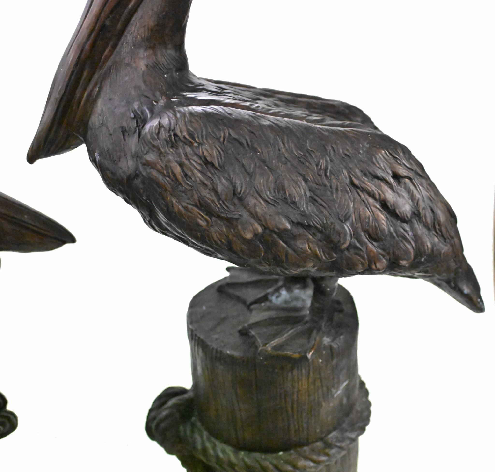 Late 20th Century Pair Bronze Pelicans - Large Pacific California Sea Bird Statues For Sale