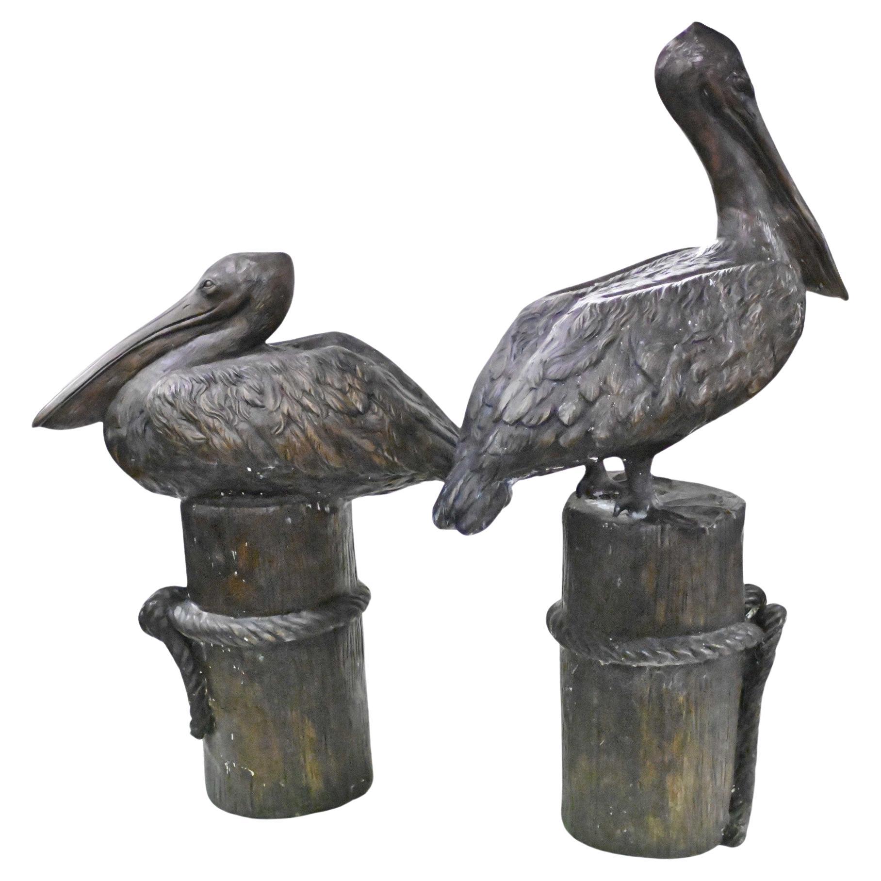 Pair Bronze Pelicans - Large Pacific California Sea Bird Statues For Sale