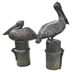 Retro Pair Bronze Pelicans - Large Pacific California Sea Bird Statues
