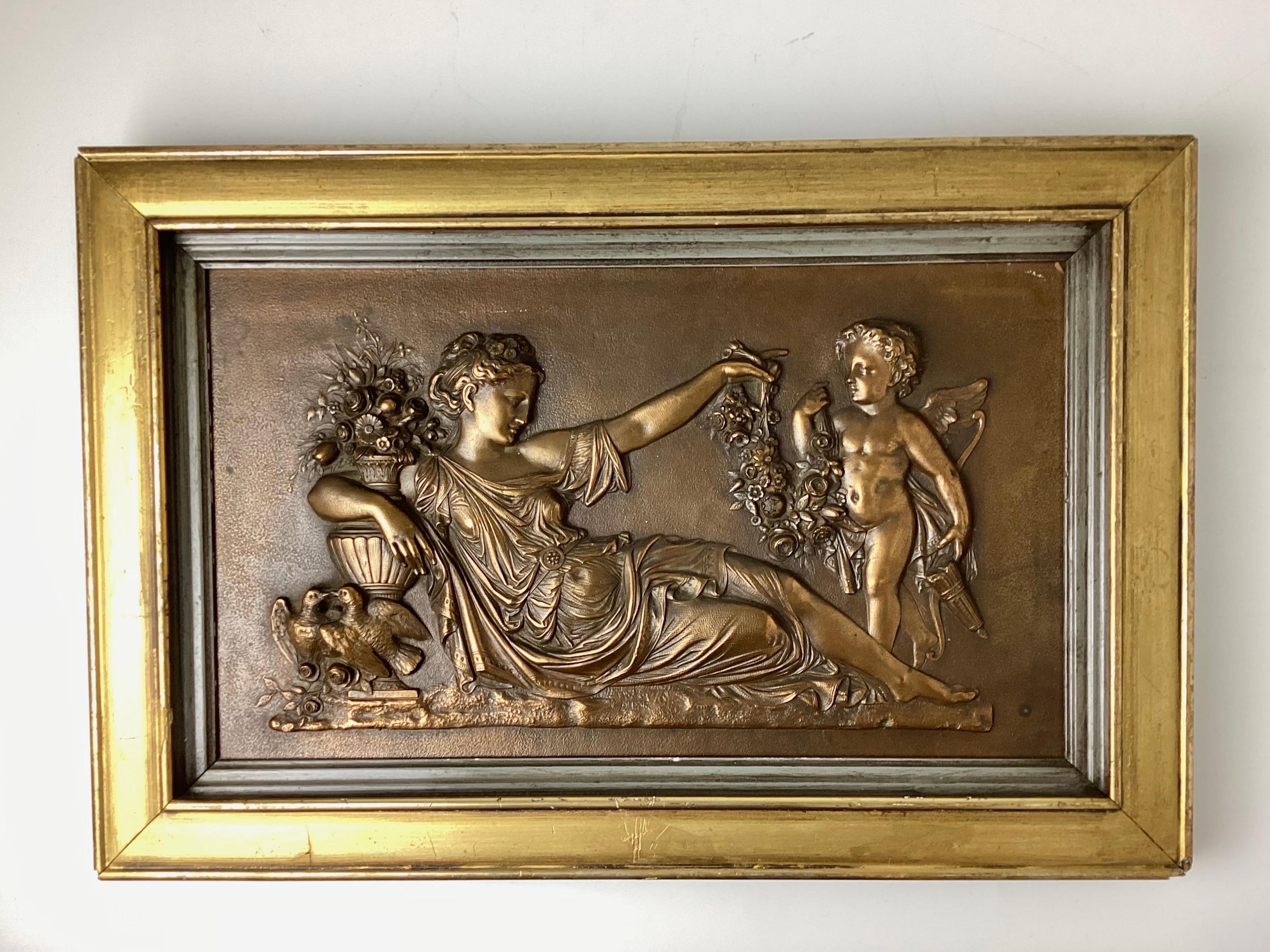 American Pair Bronze Relief Wall Plaques Framed Woman with Cherub For Sale