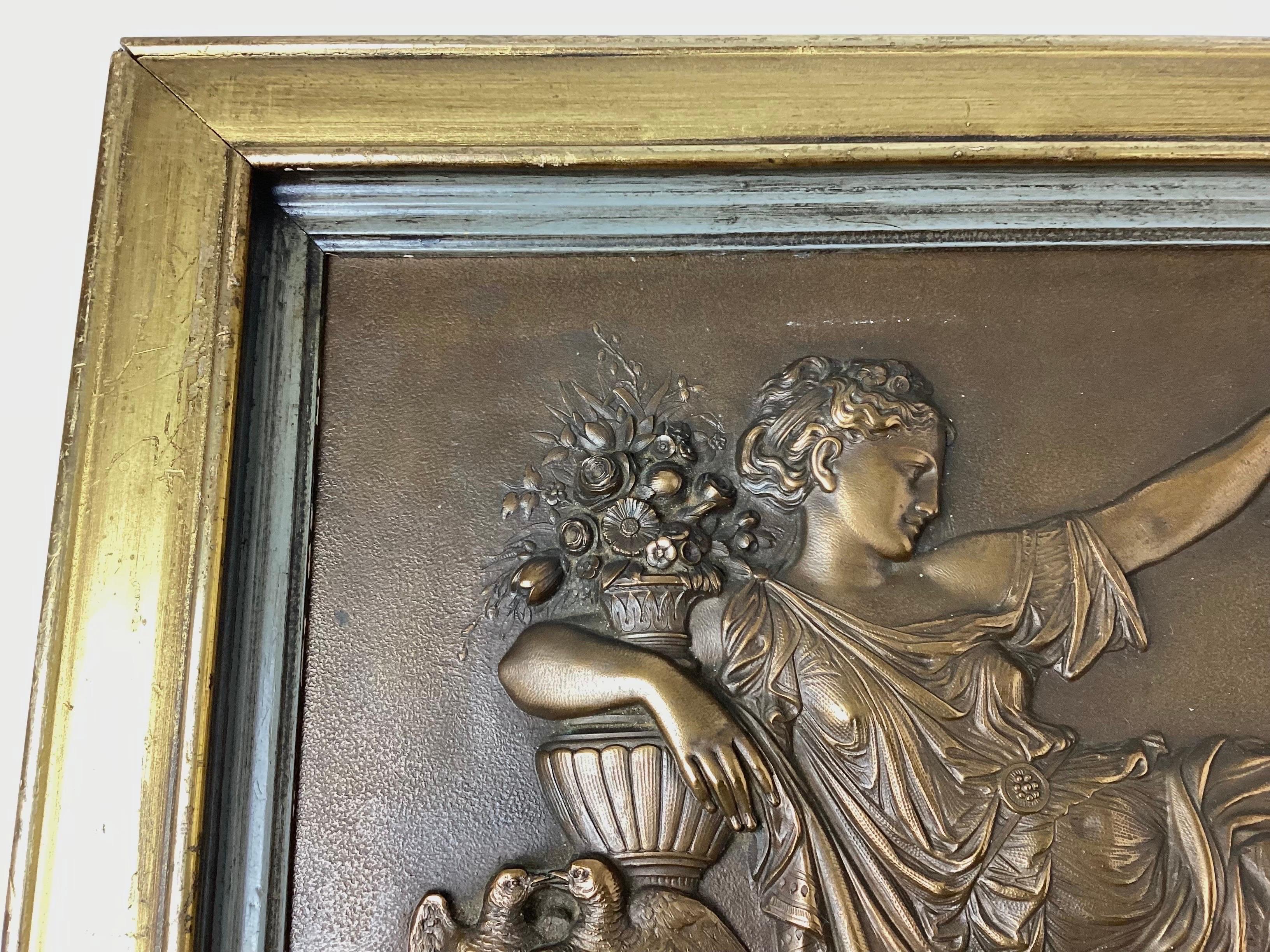 Pair Bronze Relief Wall Plaques Framed Woman with Cherub In Good Condition For Sale In Lambertville, NJ