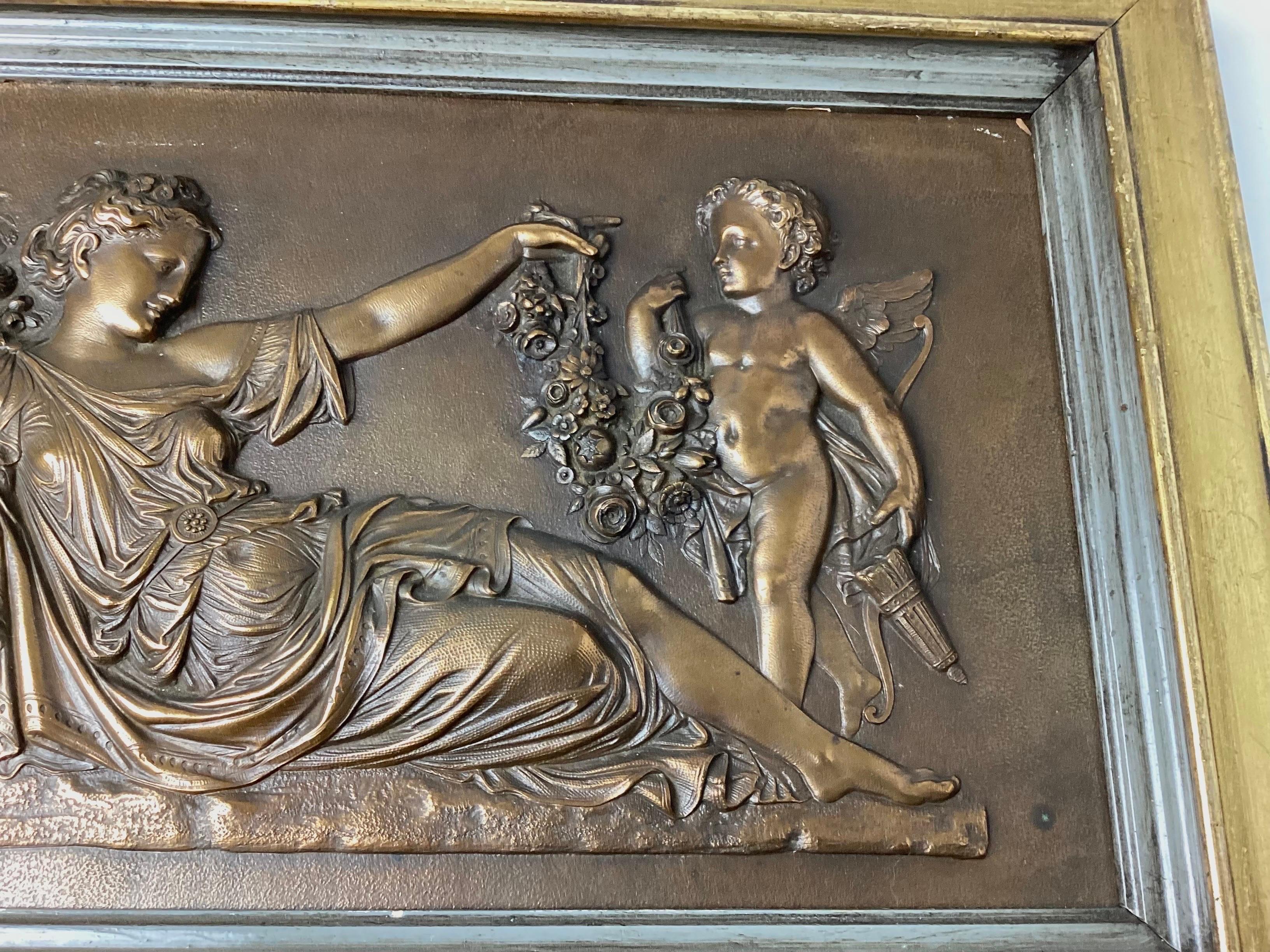 20th Century Pair Bronze Relief Wall Plaques Framed Woman with Cherub For Sale