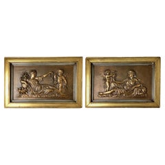 Pair Bronze Relief Wall Plaques Framed Woman with Cherub