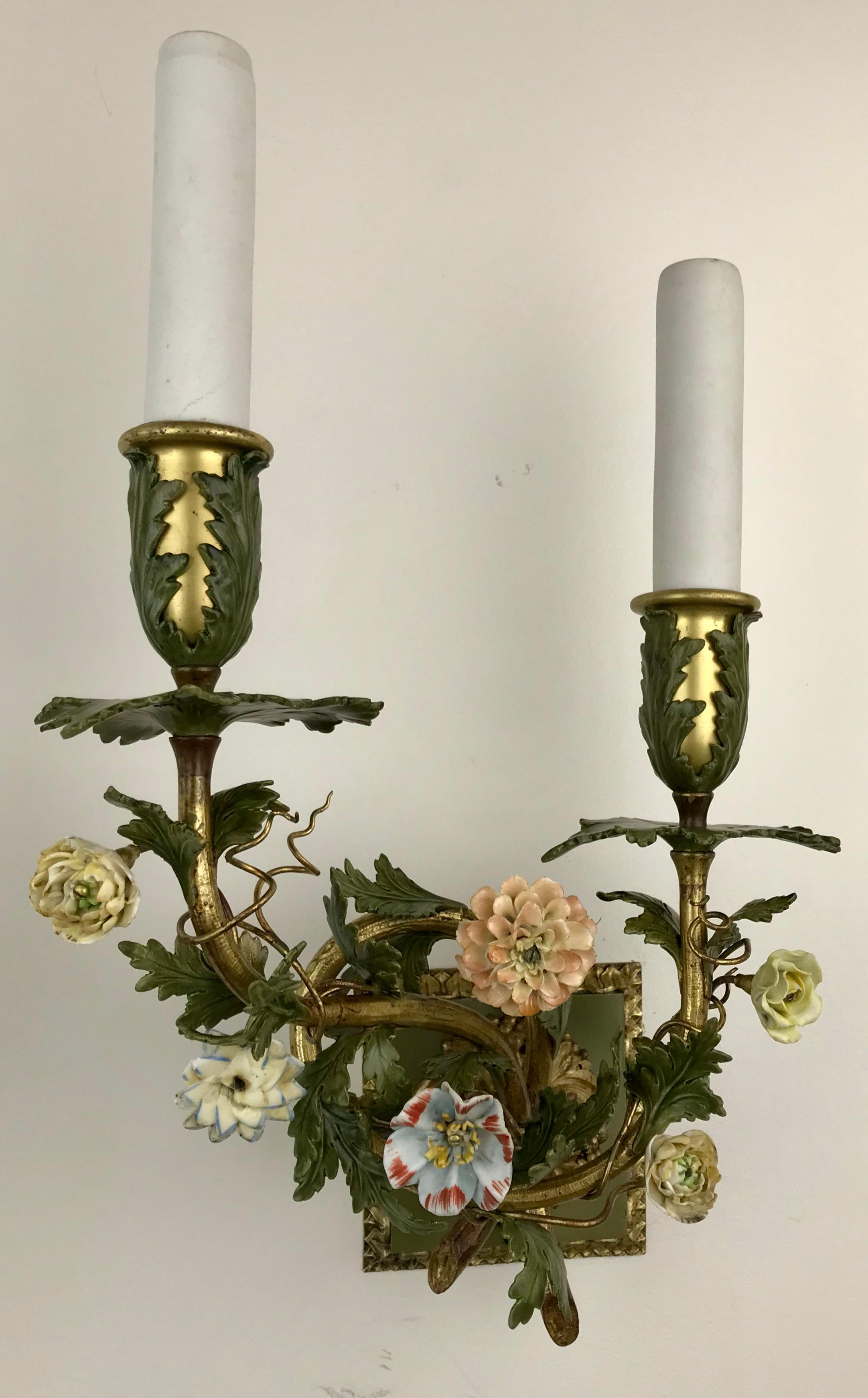 Pair Bronze Sconces With Porcelain Flowers by E. F. Caldwell 4