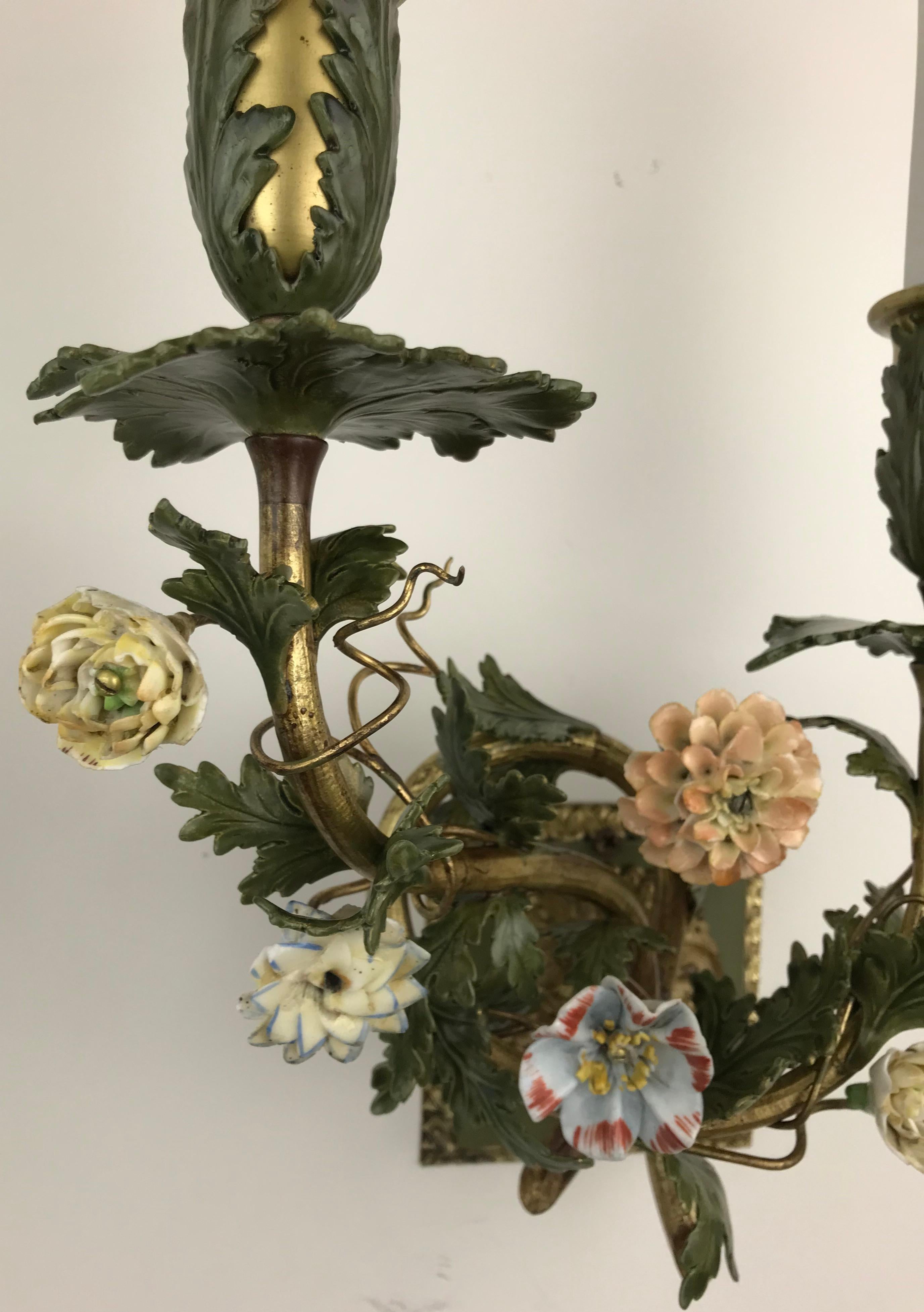Pair Bronze Sconces With Porcelain Flowers by E. F. Caldwell 6