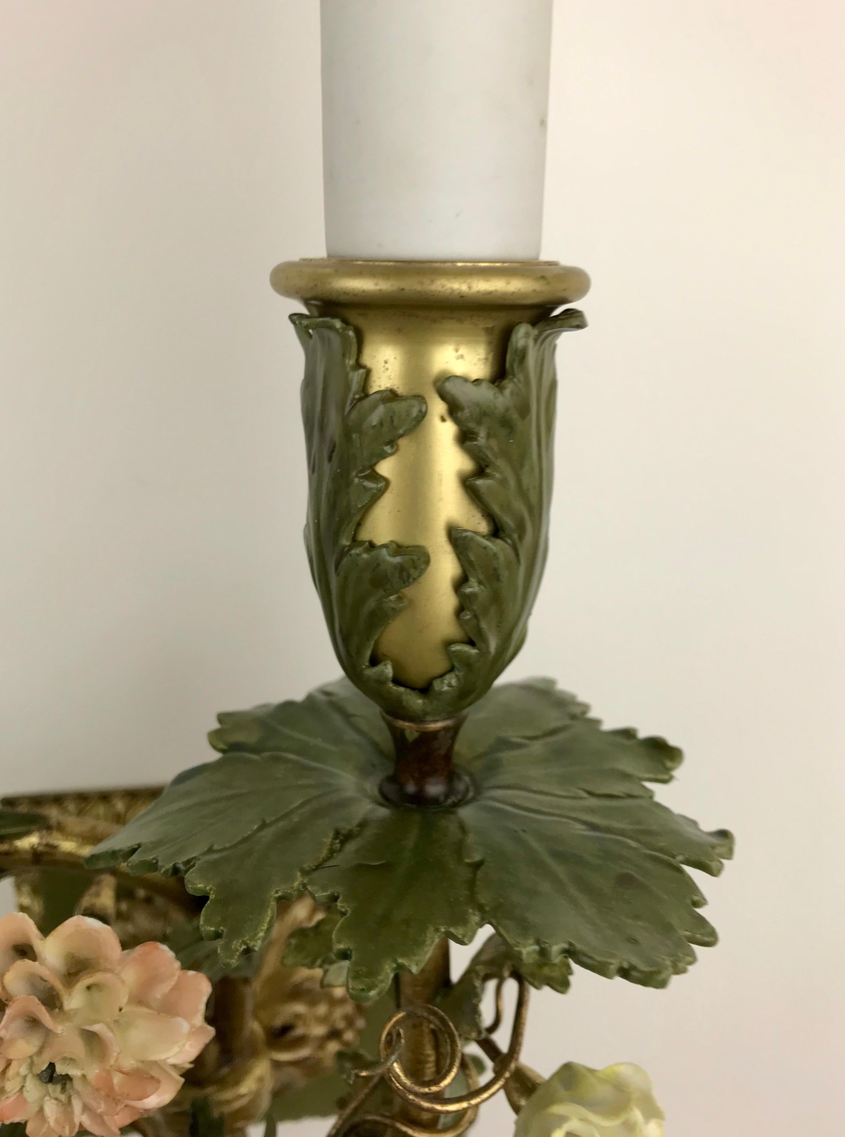 Pair Bronze Sconces With Porcelain Flowers by E. F. Caldwell 7