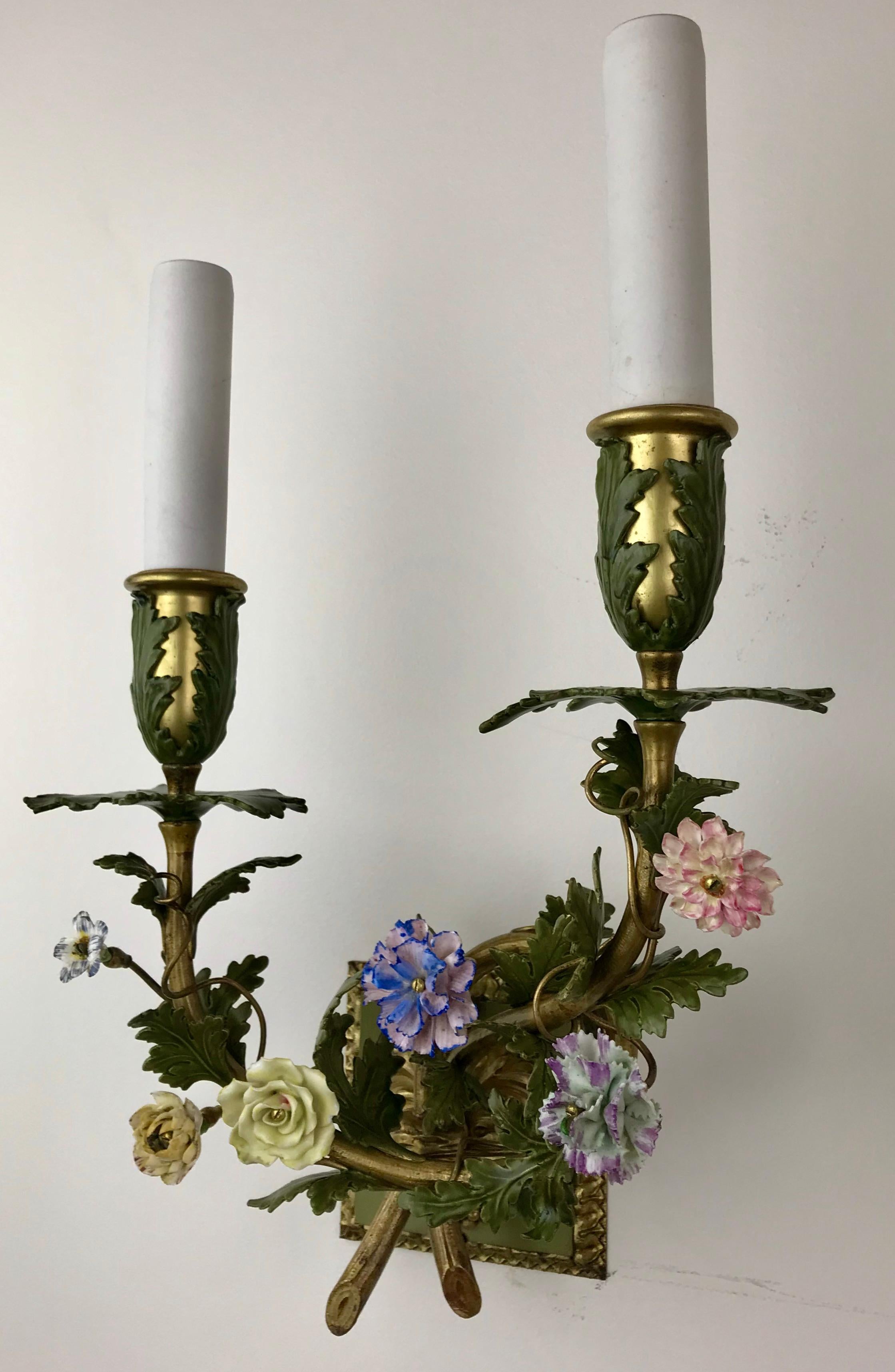 Pair Bronze Sconces With Porcelain Flowers by E. F. Caldwell 8