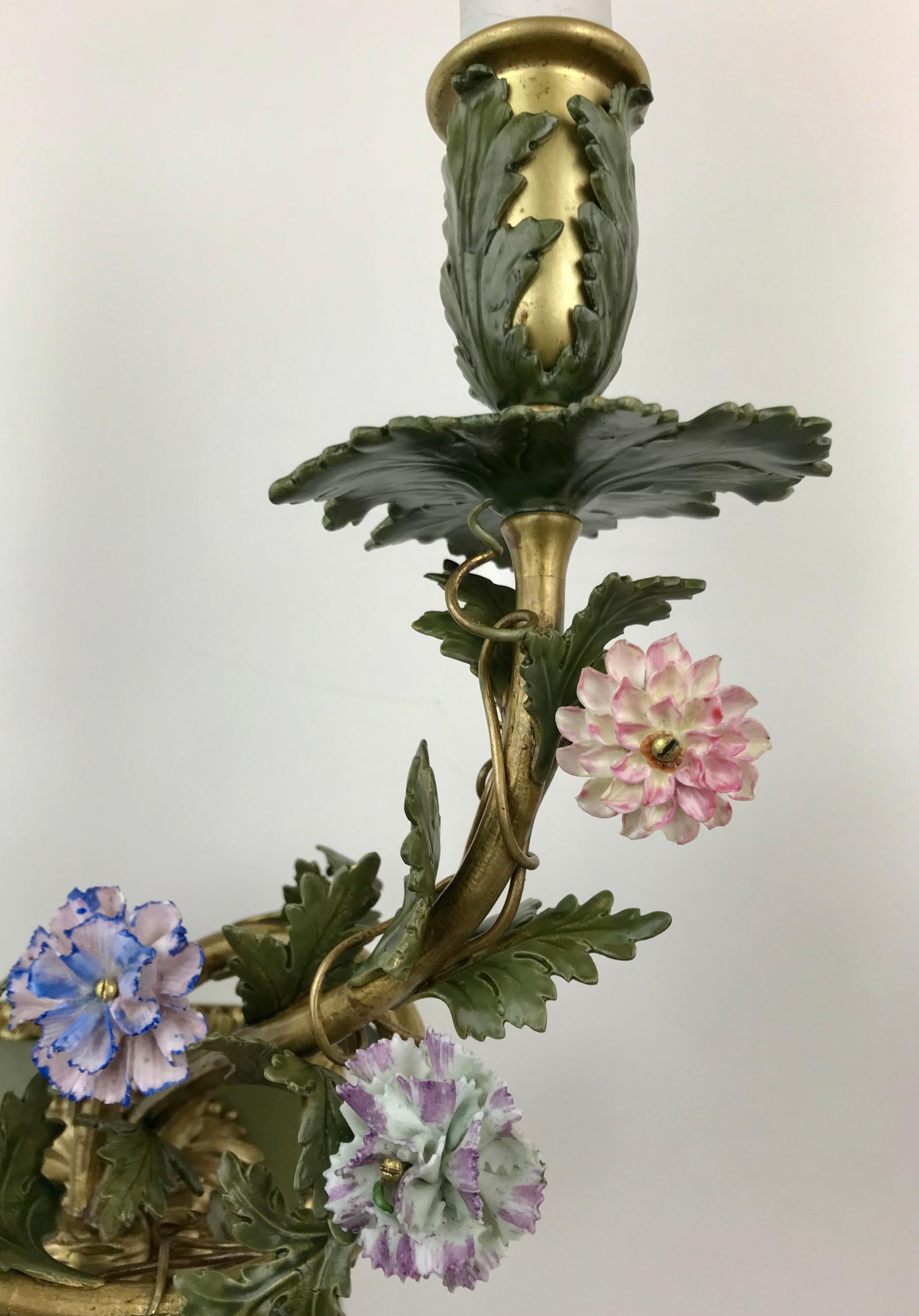 American Pair Bronze Sconces With Porcelain Flowers by E. F. Caldwell