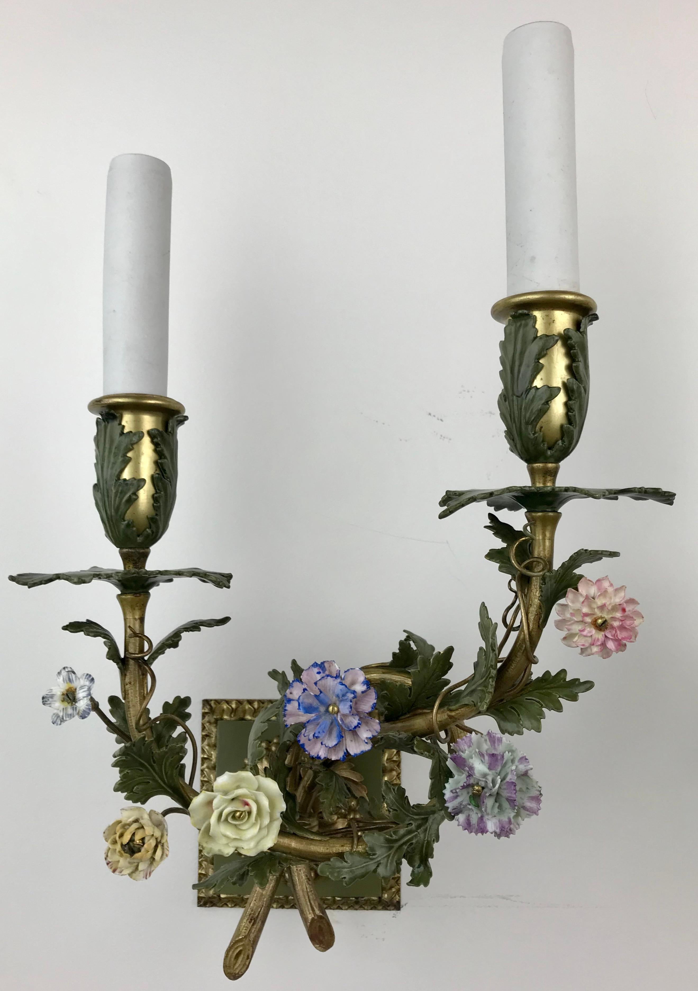 Pair Bronze Sconces With Porcelain Flowers by E. F. Caldwell 1