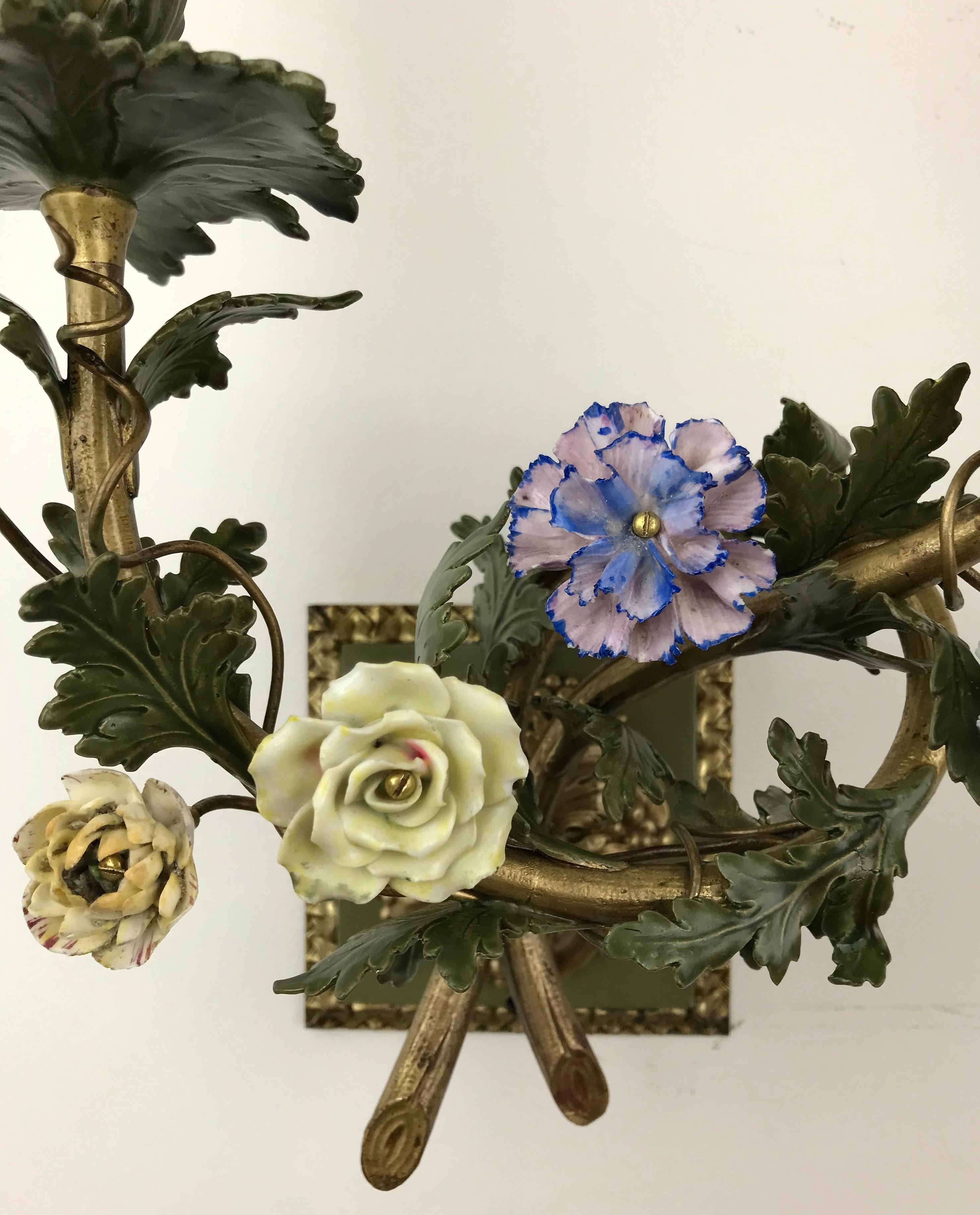 Pair Bronze Sconces With Porcelain Flowers by E. F. Caldwell 2