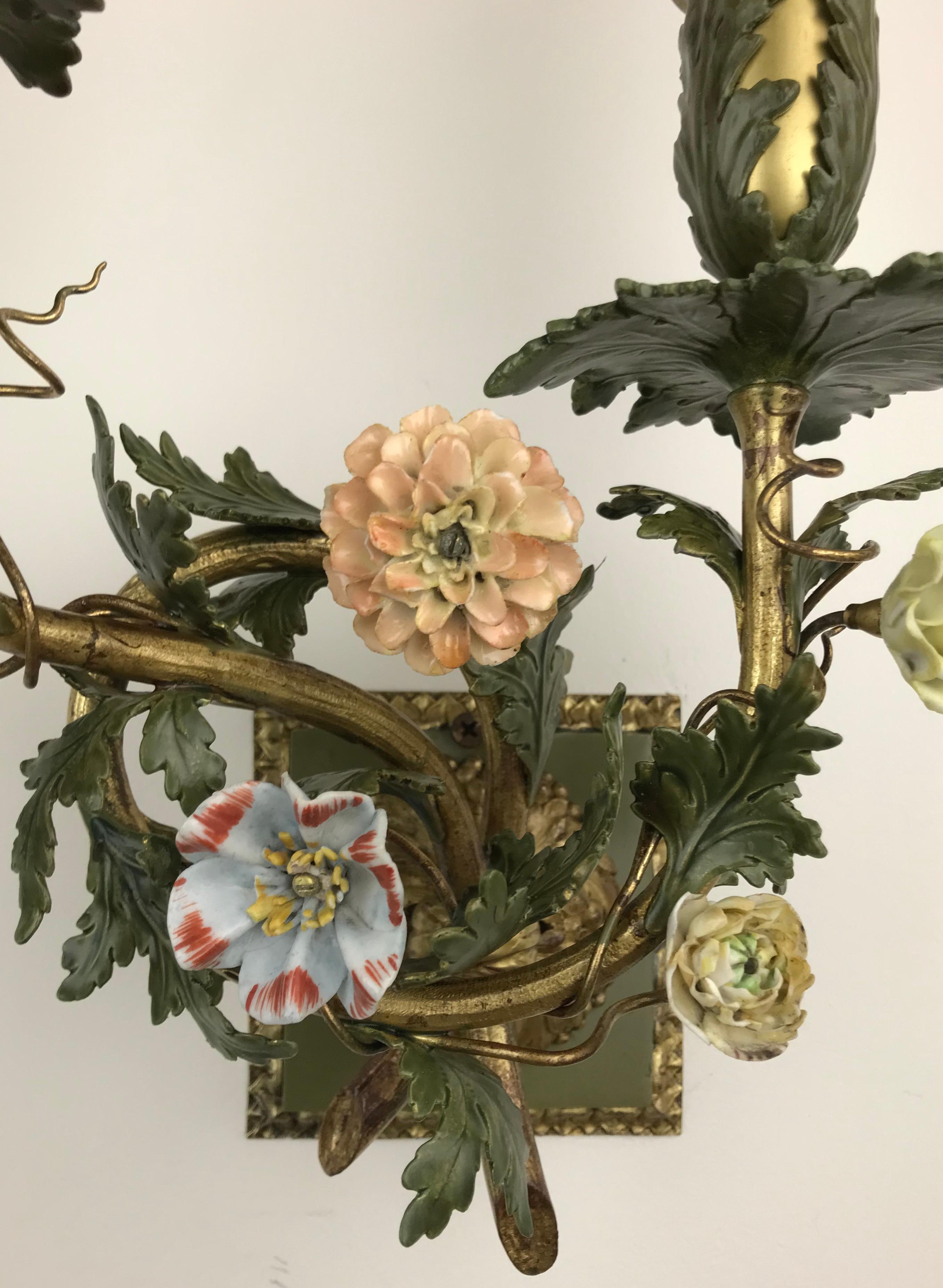 Pair Bronze Sconces With Porcelain Flowers by E. F. Caldwell 3