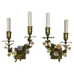 Pair Bronze Sconces With Porcelain Flowers by E. F. Caldwell