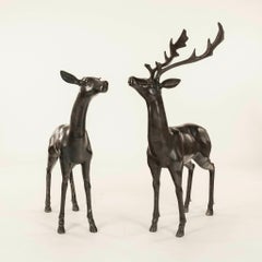 Pair Bronze Stag & Doe Statues