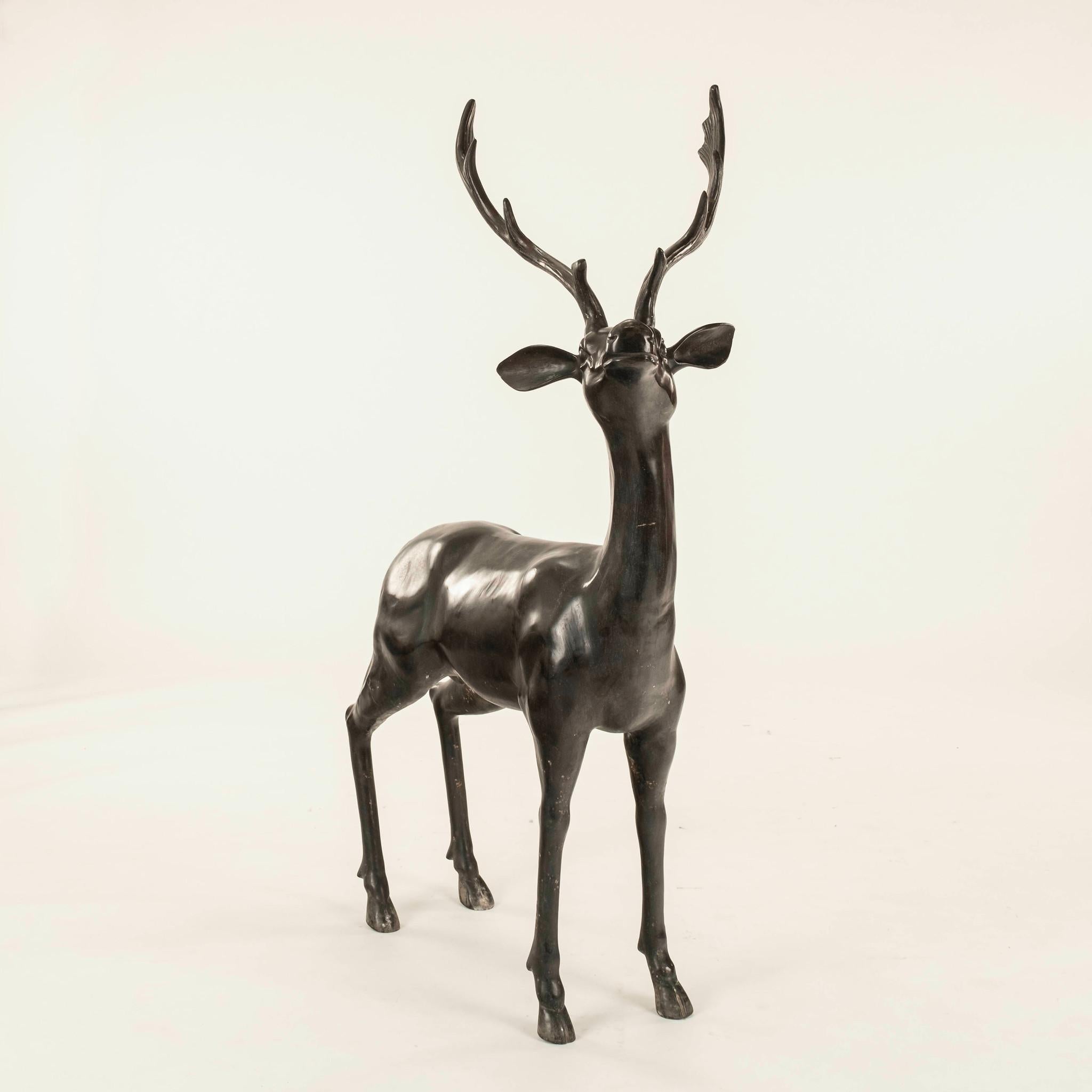 20th Century Pair Bronze Stag & Doe Statues For Sale