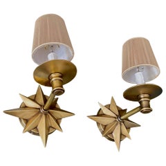 Pair Bronze Sunburst Star Wall Sconces