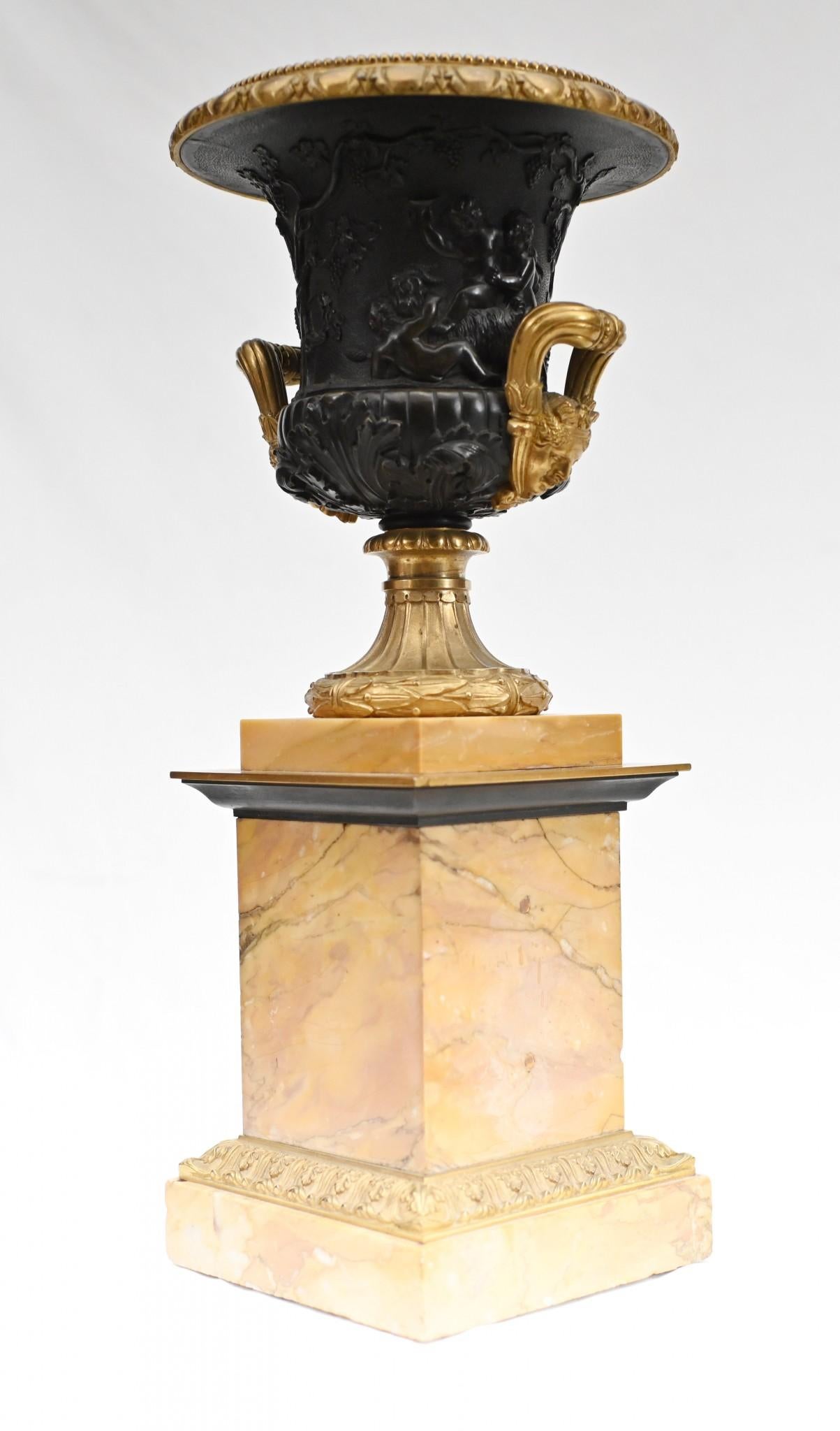 Pair Bronze Urns Cherub Bacchus Italian Grand Tour Campana 1880 For Sale 1